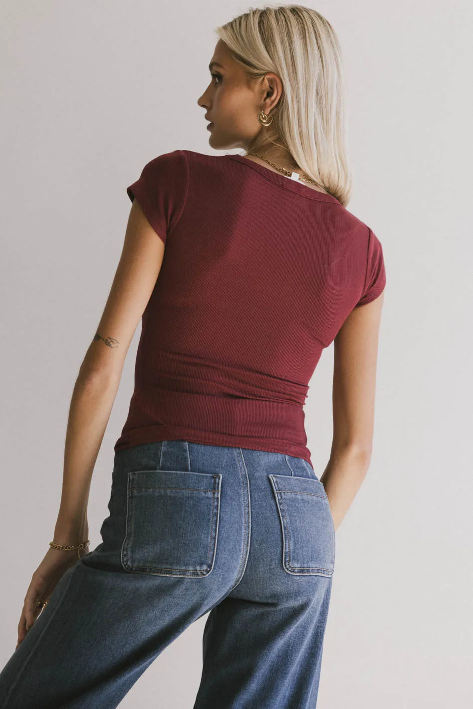 Freya Ribbed Burgundy Women's T-Shirt | Soft Stretch Fit Casual Top | Perfect for Layering, Work & Everyday Wear