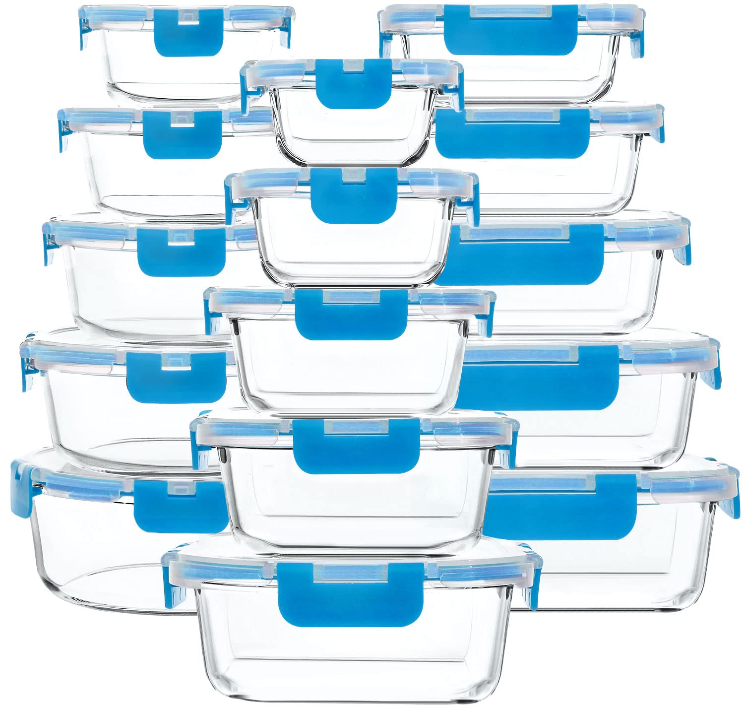 30-Piece Glass Food Storage Containers Set with Upgraded Snap Locking Lids - Airtight Meal Prep Containers for Lunch, Microwave, Oven, Freezer & Dishwasher Safe (Blue) - Perfect for Meal Prepping, Leftovers & Organized Kitchen Storage