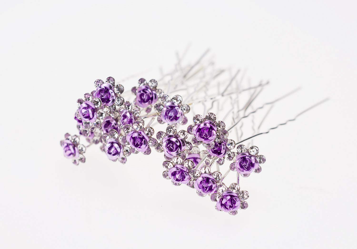 AKOAK 20-Piece Set Purple Crystal Rhinestone Rose Flower Hair Clips - Elegant Bridal Wedding Hair Accessories for Women, Barrettes & Headwear (Perfect for Bridal Showers, Weddings & Special Occasions)