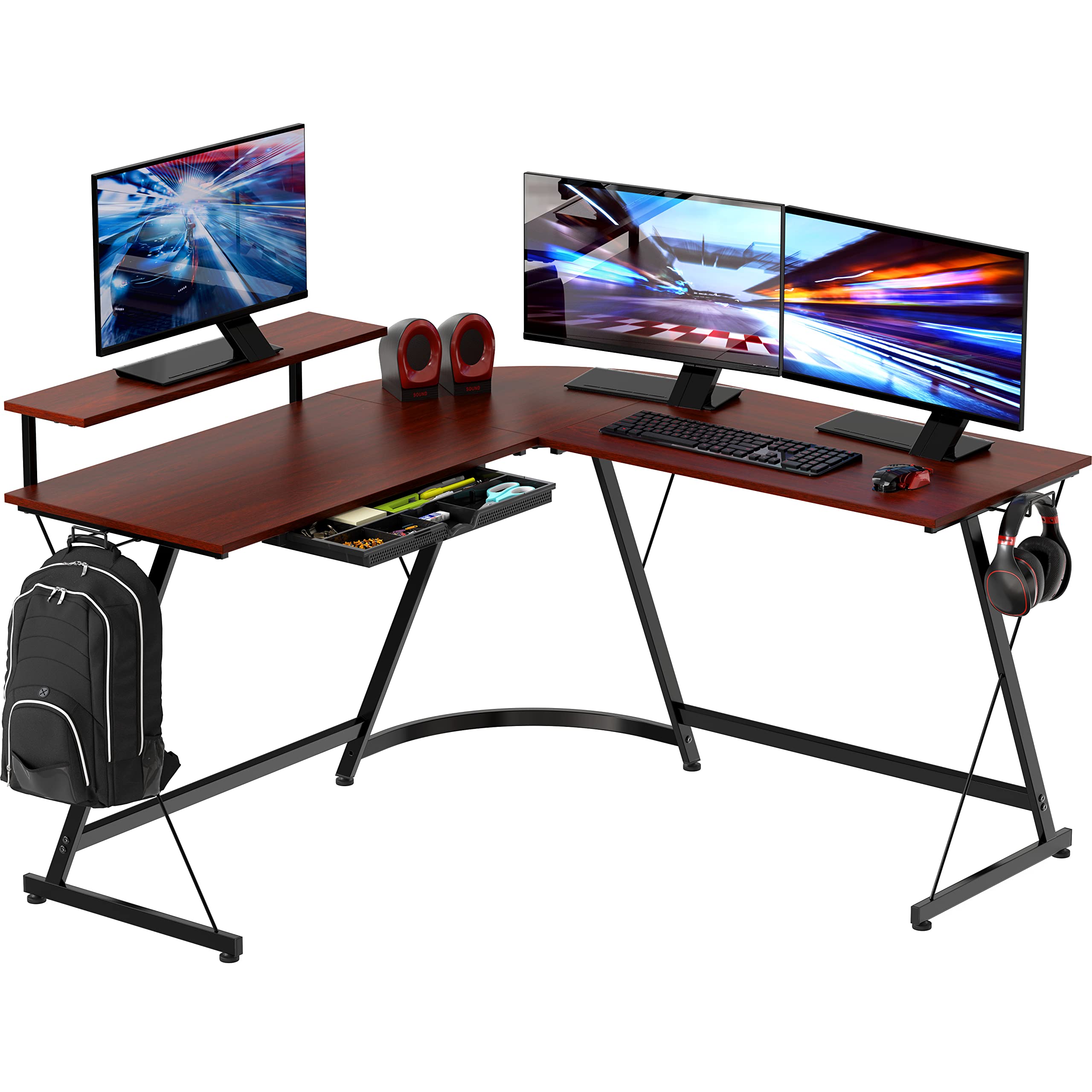 SHW Vista L-Shape Desk with Monitor Stand - Cherry Wood Computer Desk for Home Office, Gaming & Workstation - Ergonomic Corner Desk with Built-in Shelf for PC, Laptop & Dual Monitors