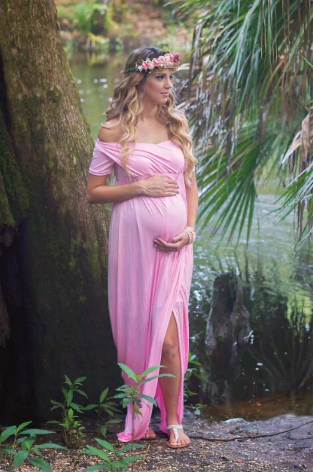 ZIUMUDY Maternity Photoshoot Dress - Off Shoulder Wrap Ruched Maxi Gown with Front Split for Pregnancy Photoshoots, Baby Showers & Special Occasions