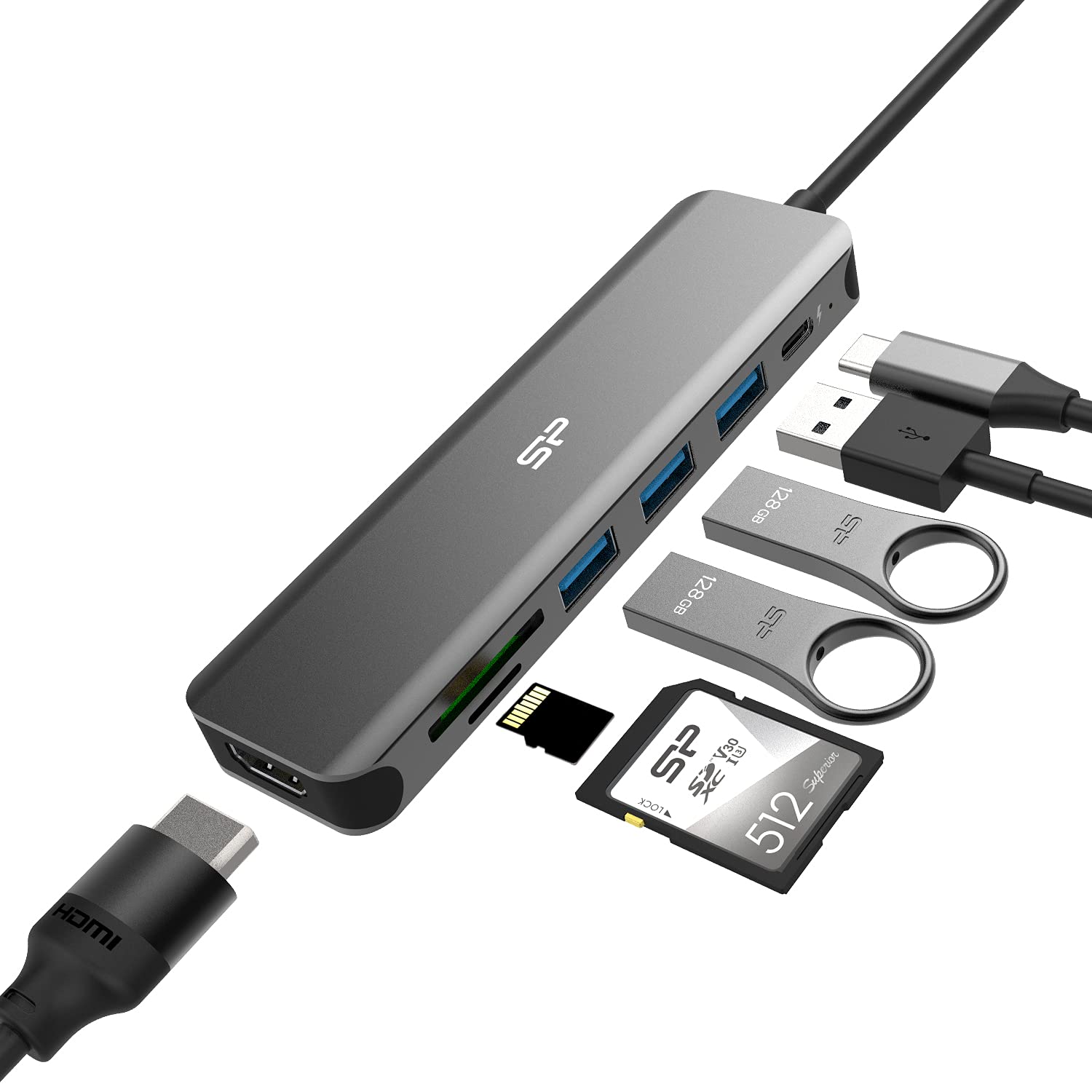 Silicon Power SU20 7-in-1 USB C Hub with 4K HDMI, 60W PD, 3 USB 3.0 Ports, SD/microSD Card Reader - Compatible with MacBook Pro & USB C Laptops for Home Office, Travel & Multi-Screen Workstations