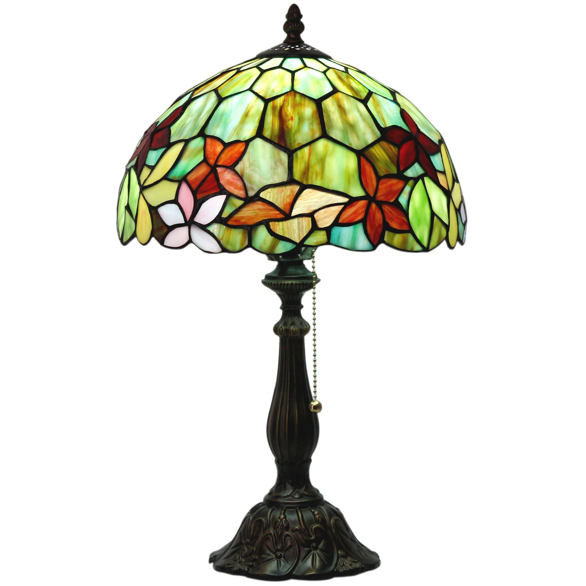 Tiffany Style Stained Glass Table Lamp - 12x12x19 Inch Antique Reading Light with Red & Green Floral Design | Perfect for Living Room, Bedroom, or Office Decor