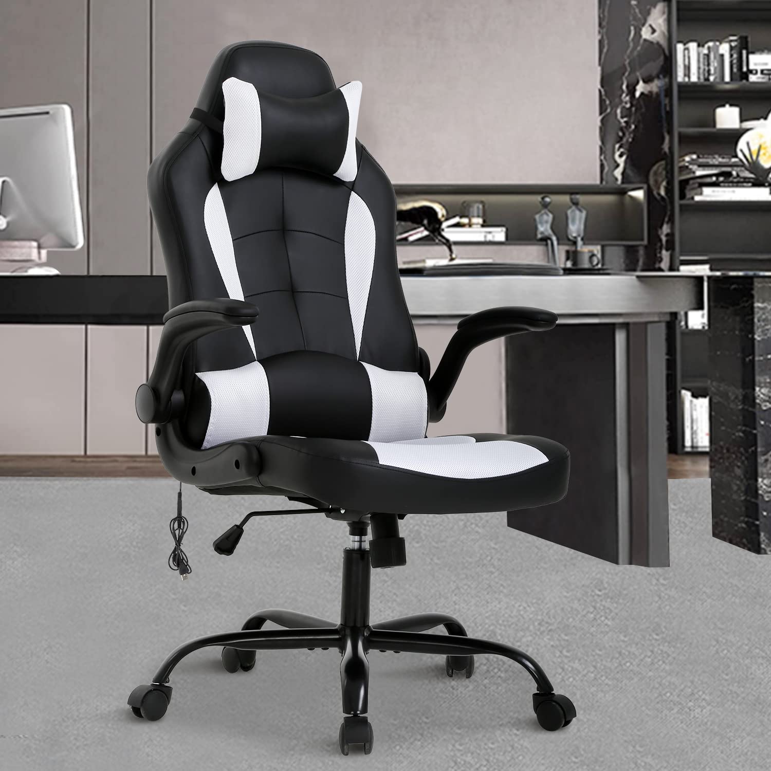 MKDLUFEI Ergonomic Gaming & Office Chair with Massage Lumbar Support - Adjustable High Back Computer Chair with Flip-Up Armrests & Headrest - White Racing Style Chair for Home Office, Gaming Setup & Workstation