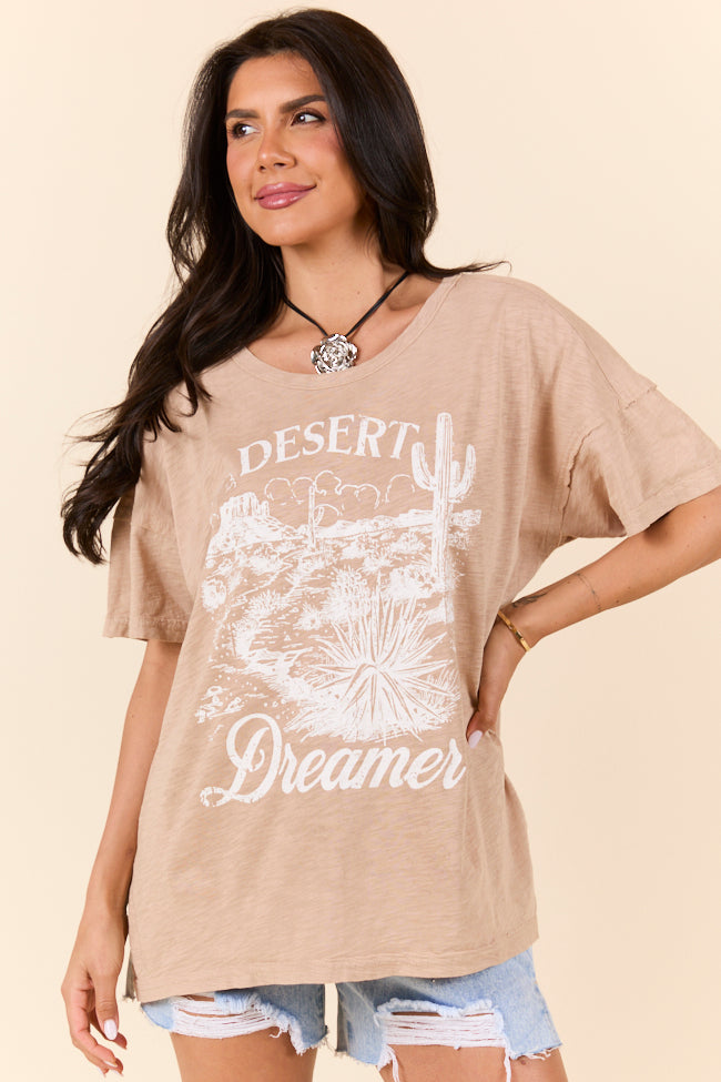 Desert Dreamer Taupe Split Hem Graphic Tee - Trendy Women's Casual T-Shirt for Summer | Perfect for Streetwear, Outings & Layering
