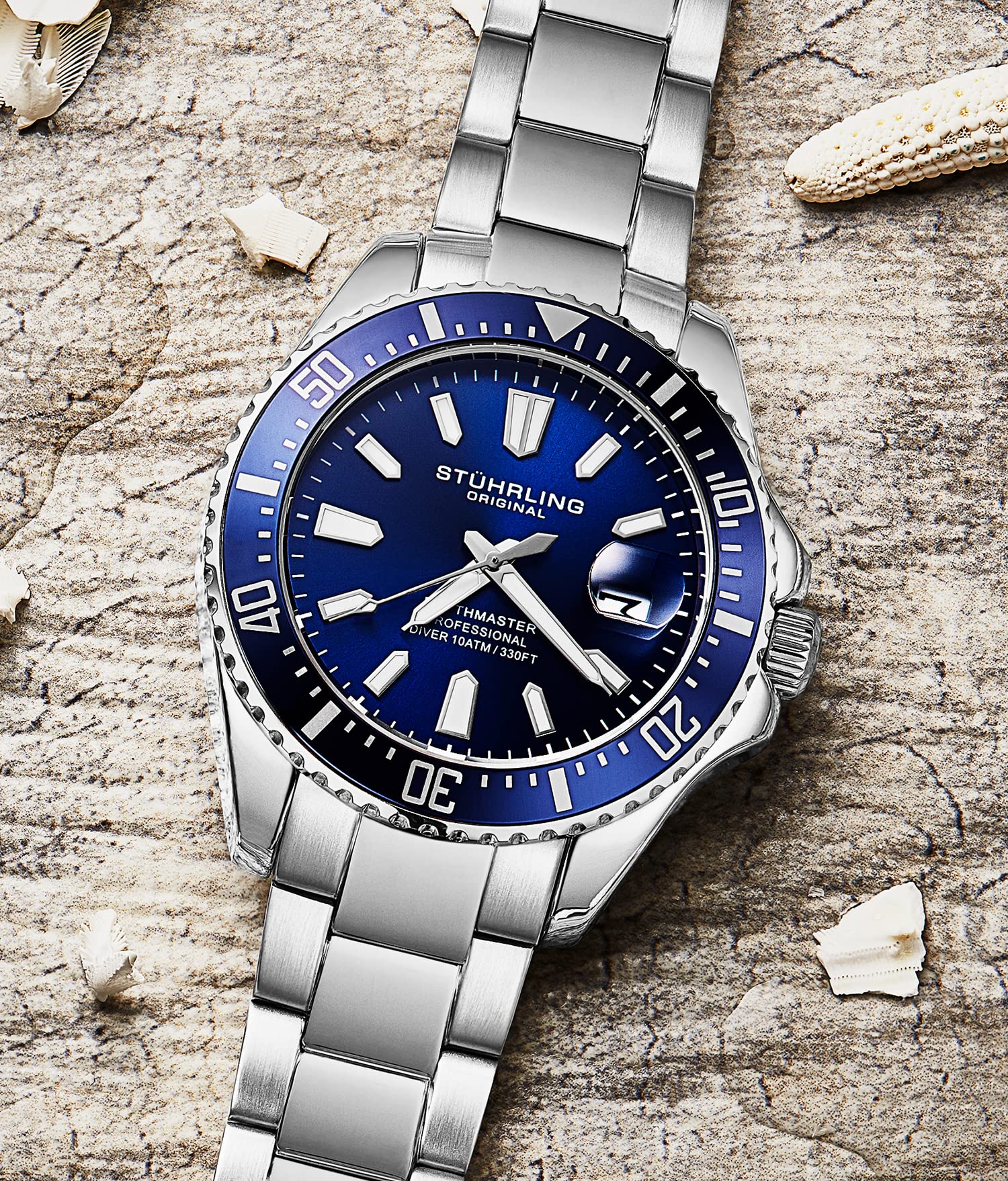 Stuhrling Original Men's Pro Diver Watch - 42mm Stainless Steel Case, Blue Dial, Silver Band - Waterproof Sports Watch for Diving, Swimming & Outdoor Activities
