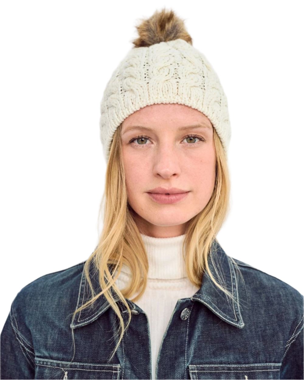 Aran Knitted Faux Fur Bobble Hat - Warm Winter Beanie for Women & Men - Perfect for Snowboarding, Skiing, and Cold Weather Outdoor Activities