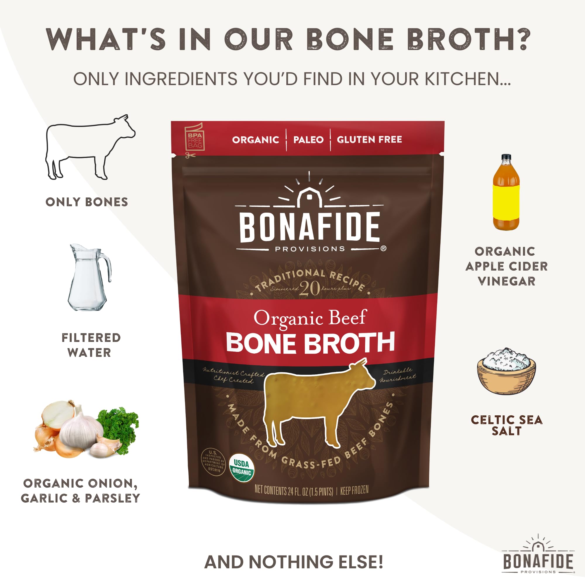 Bonafide Provisions Fresh Organic Beef Bone Broth, 24 fl oz Frozen – Grass-Fed, Gluten-Free, Paleo & Keto Friendly – Pack of 12 – Perfect for Soups, Stews & Healthy Sipping