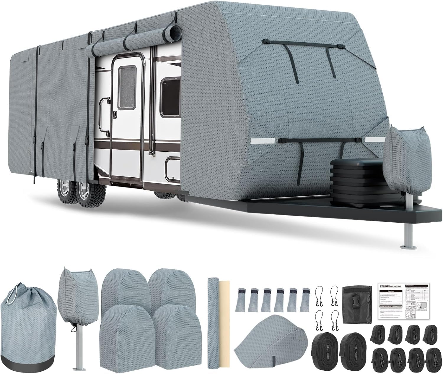 Heavy Duty RV Cover 20-22ft - 8-Layer Waterproof Windproof Camper Cover with Tongue Jack Cover & Extra Windproof Ropes | UV Protection for Travel Trailers | Perfect for Winter Storage & Outdoor Protection