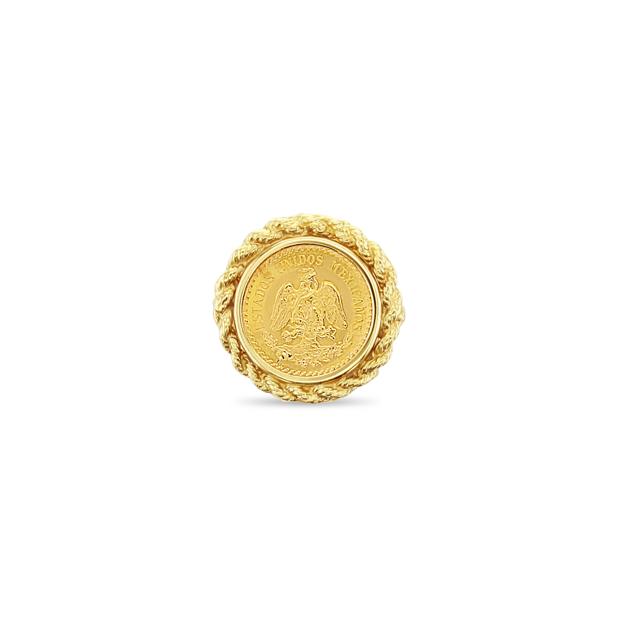 Vintage 1945 Mexican Dos Pesos Gold Coin Ring with Rope Bezel - Authentic Collectible Jewelry for Men & Women, Perfect for Gifts, Weddings, and Special Occasions