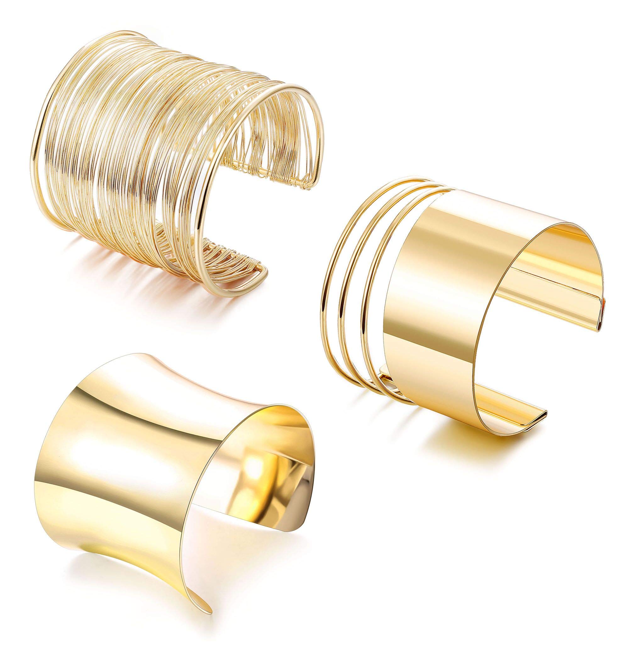 LOLIAS 3-Piece Adjustable Open Cuff Bangle Bracelet Set for Women - Gold, Silver & Rose Gold Plated Wire Wrap Wrist Jewelry - Perfect for Parties, Weddings & Everyday Fashion Accessories