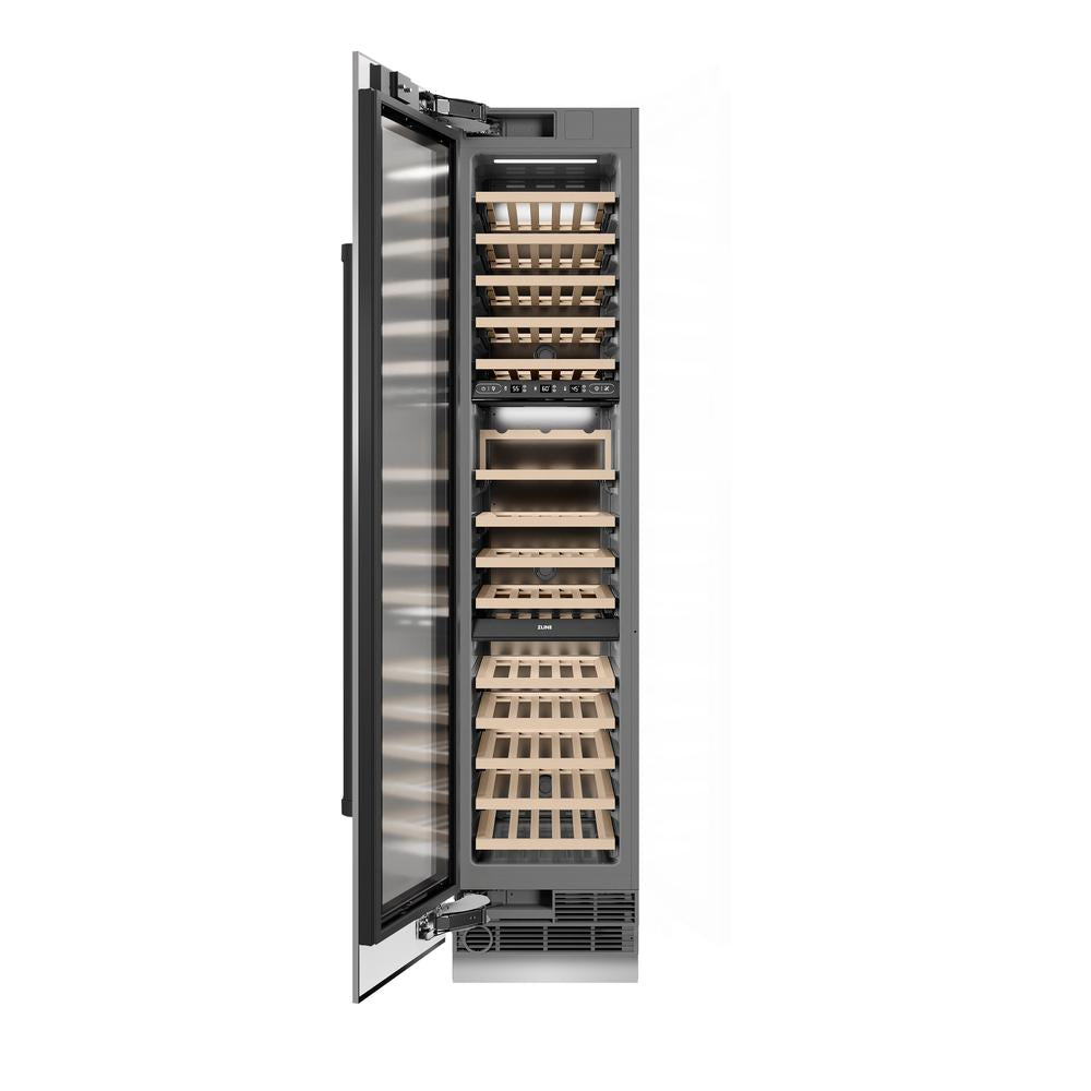 ZLINE Autograph Edition 18-Inch 9.0 cu ft Triple Zone 68-Bottle Left Hinge Stainless Steel Wine Cooler with Matte Black Accents - Perfect for Home Bars, Wine Cellars & Entertaining Spaces (RCWVLZ 30418 MB)
