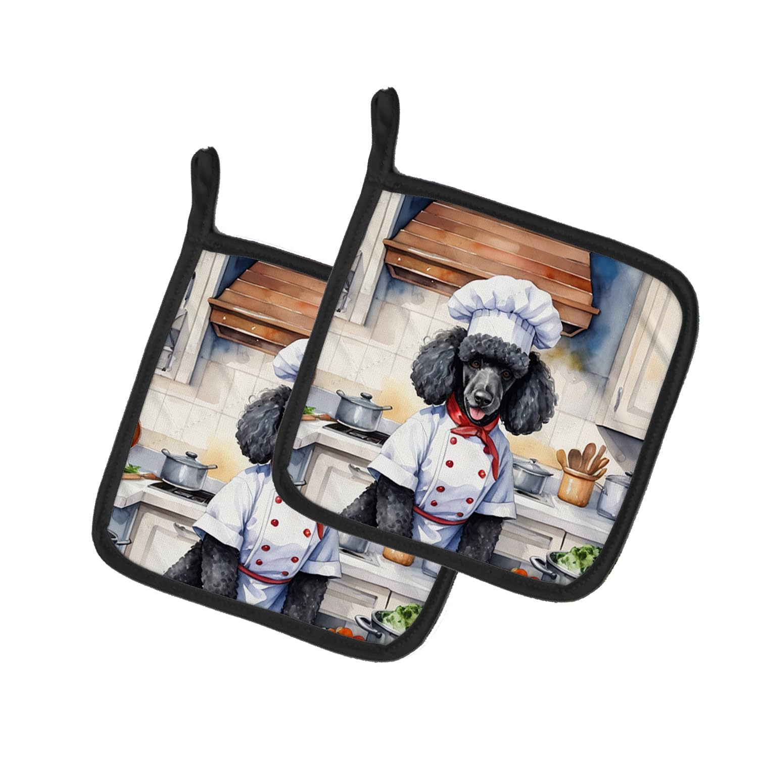 Black Poodle Chef Pot Holders Set - Heat Resistant Kitchen Oven Mitts for Cooking, Baking & BBQ (7.5