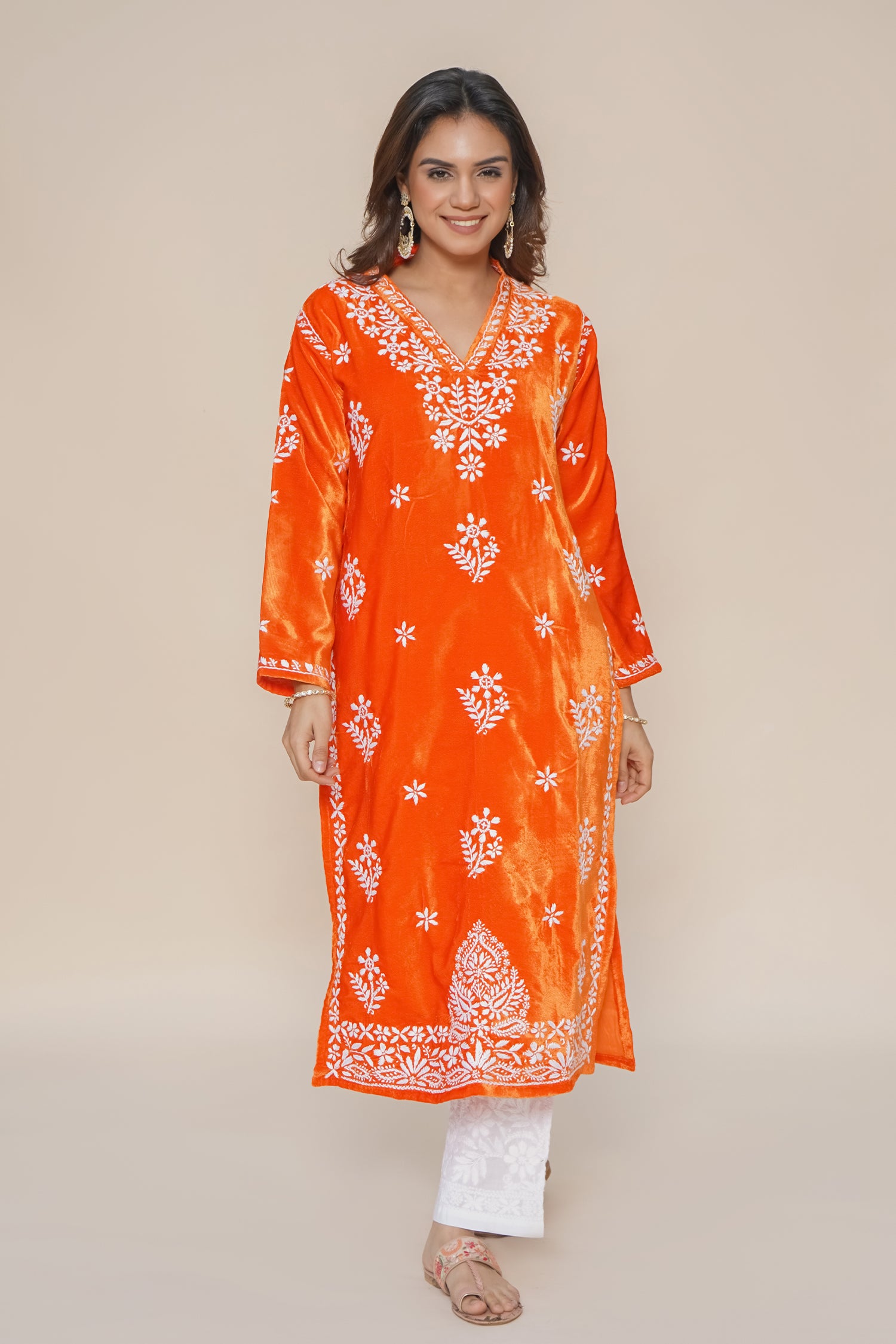 Elegant Velvet Chikankari Embroidered Long Kurta in Orange | Traditional Indian Tunic for Women | Perfect for Festivals, Weddings & Special Occasions