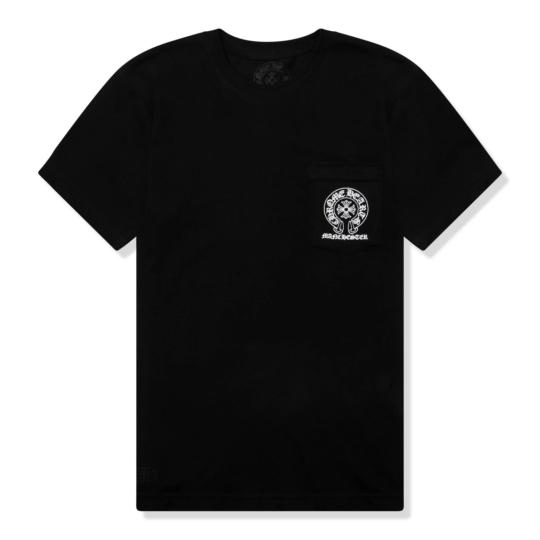 Chrome Hearts Manchester Exclusive Horse Shoe Pocket Logo Black T-Shirt for Men | Vintage Gothic Streetwear Tee | Perfect for Concerts, Parties, and Casual Outfits