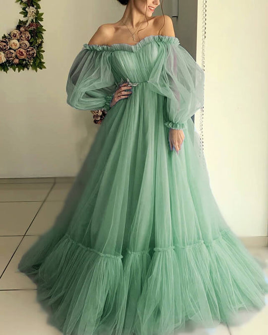 Elegant Off-The-Shoulder Sage Green Prom Dress with Long Tulle Skirt & Bubble Sleeves - Perfect for Weddings, Formal Dances & Special Occasions
