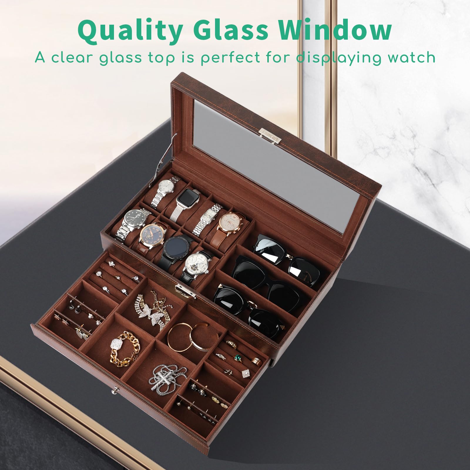 TomCare 2-Tier Watch Box with Lockable Glass Lid - Jewelry Organizer for Watches, Sunglasses, Rings, Necklaces & Bracelets - Premium Storage Case for Men & Women (Brown) - Perfect for Home Display, Travel & Gift Giving