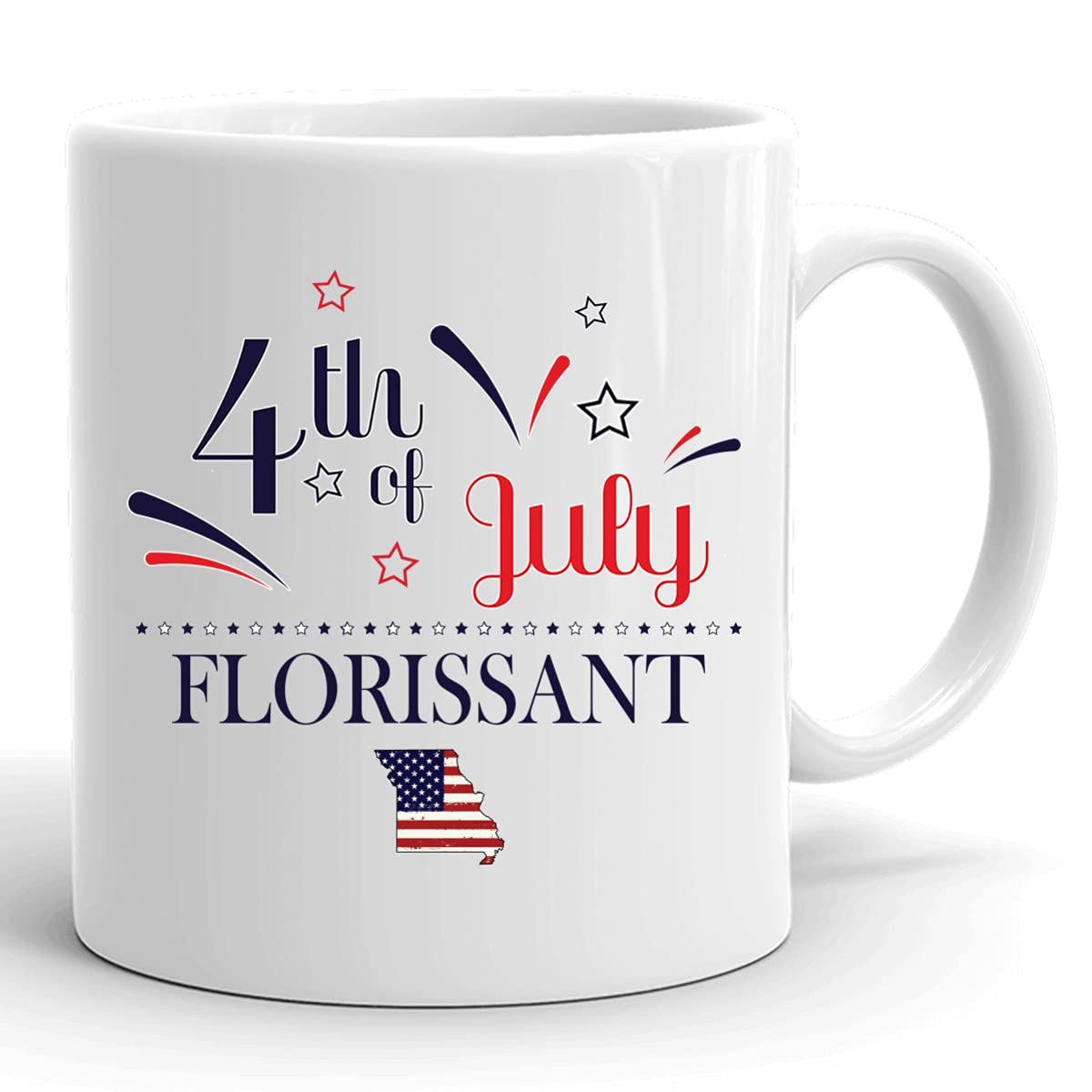 Custom 11oz USA Flag Coffee Mug - Personalized Independence Day Cup with Any City/State (Florissant Missouri) - Perfect 4th of July Gift & White Coffee Cup for Home, Office, or Patriotic Celebrations