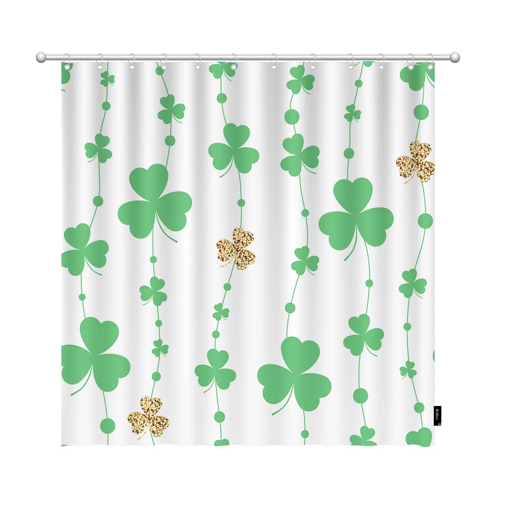 Beabes Clovers Leaf Shower Curtain - St Patrick's Day Shamrock Design with Gold & Green Leaves - 72x72 Inch Polyester Bathroom Curtain for Bathtub & Shower - Includes Plastic Hooks - Perfect for St Patrick's Decor, Irish Themed Bathrooms & Kitchen Windows