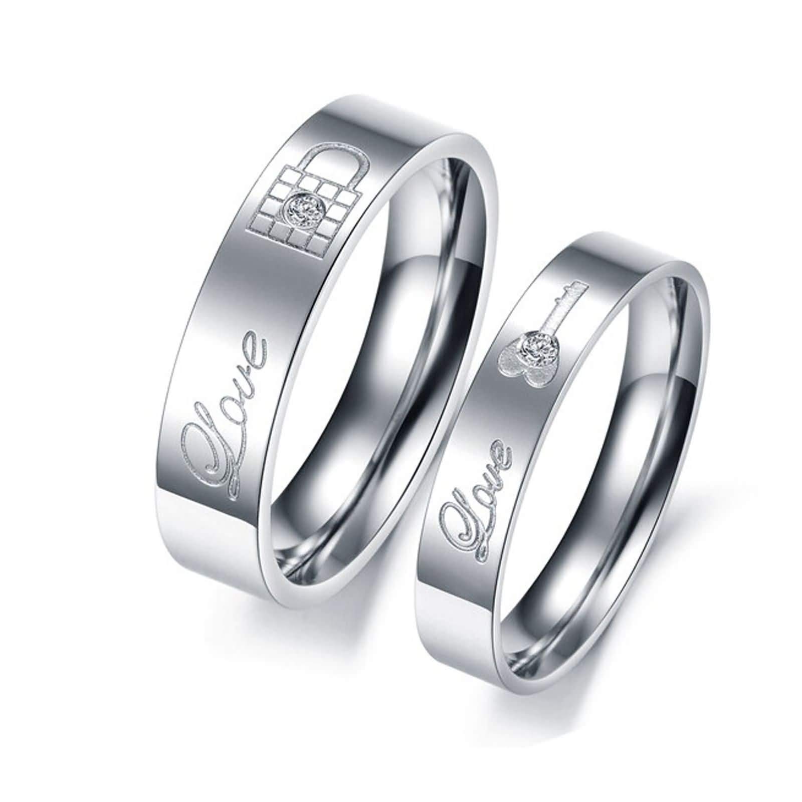 Stainless Steel Couple Rings Set - Engraved Love Lock & Key Matching Rings for Women & Men, Size 5-13, Romantic Gift for Anniversary, Valentine's Day & Wedding Proposal
