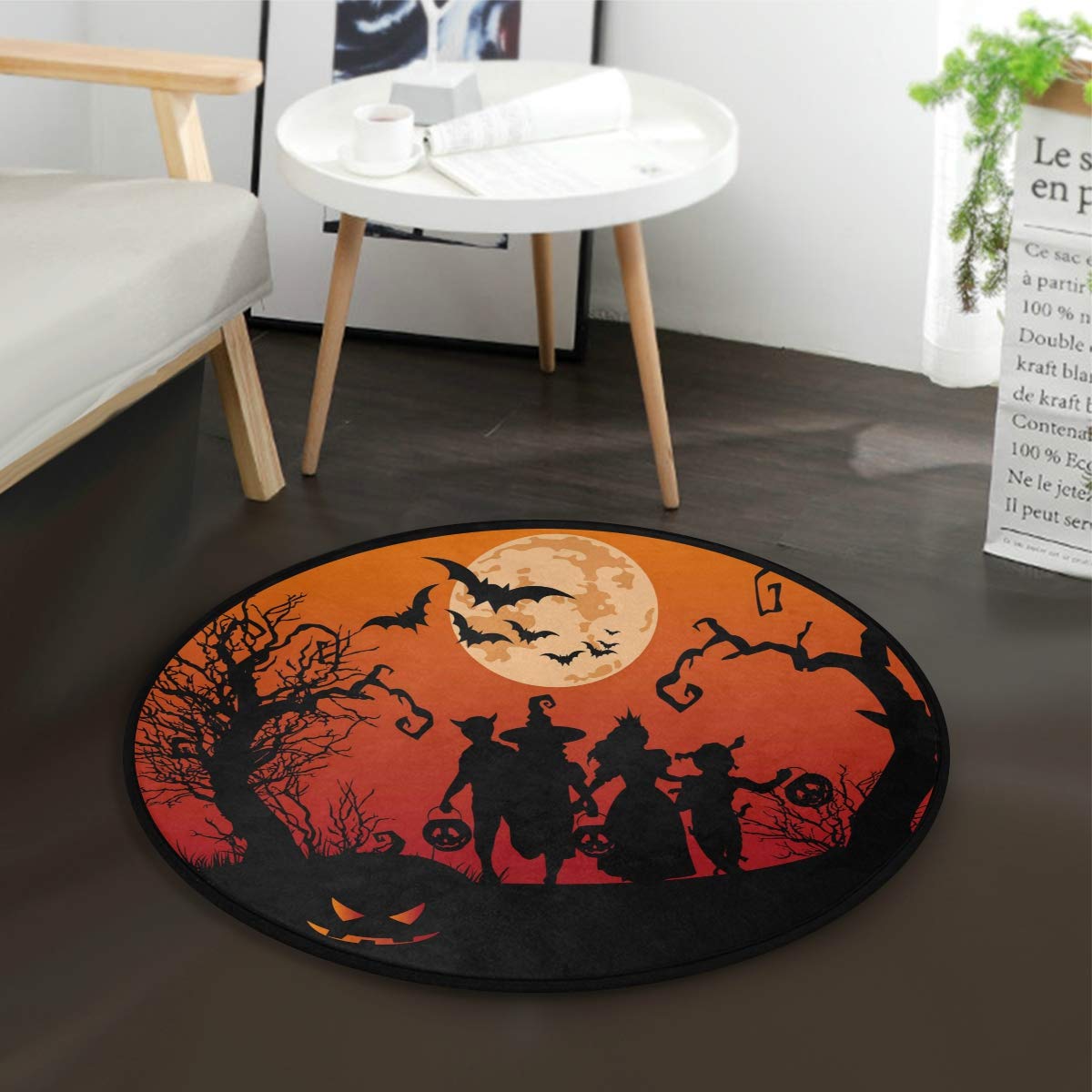 ALAZA Halloween Bat Moon Tree Pumpkin Round Area Rug - 3' Diameter (92 cm) Non-Slip Living Room Bedroom Rug for Spooky Home Decor | Perfect for Halloween Party, Haunted House, and Fall Seasonal Decorations