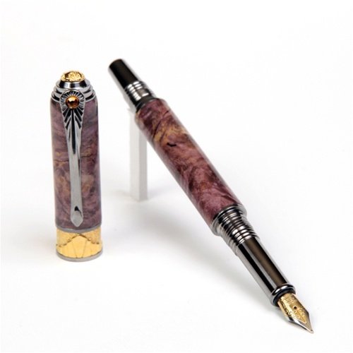 Lanier Art Deco Fountain Pen - Black Titanium & 22kt Gold Trim - Purple Maple Burl Wood Luxury Writing Instrument - Perfect for Calligraphy, Signature & Executive Gifts