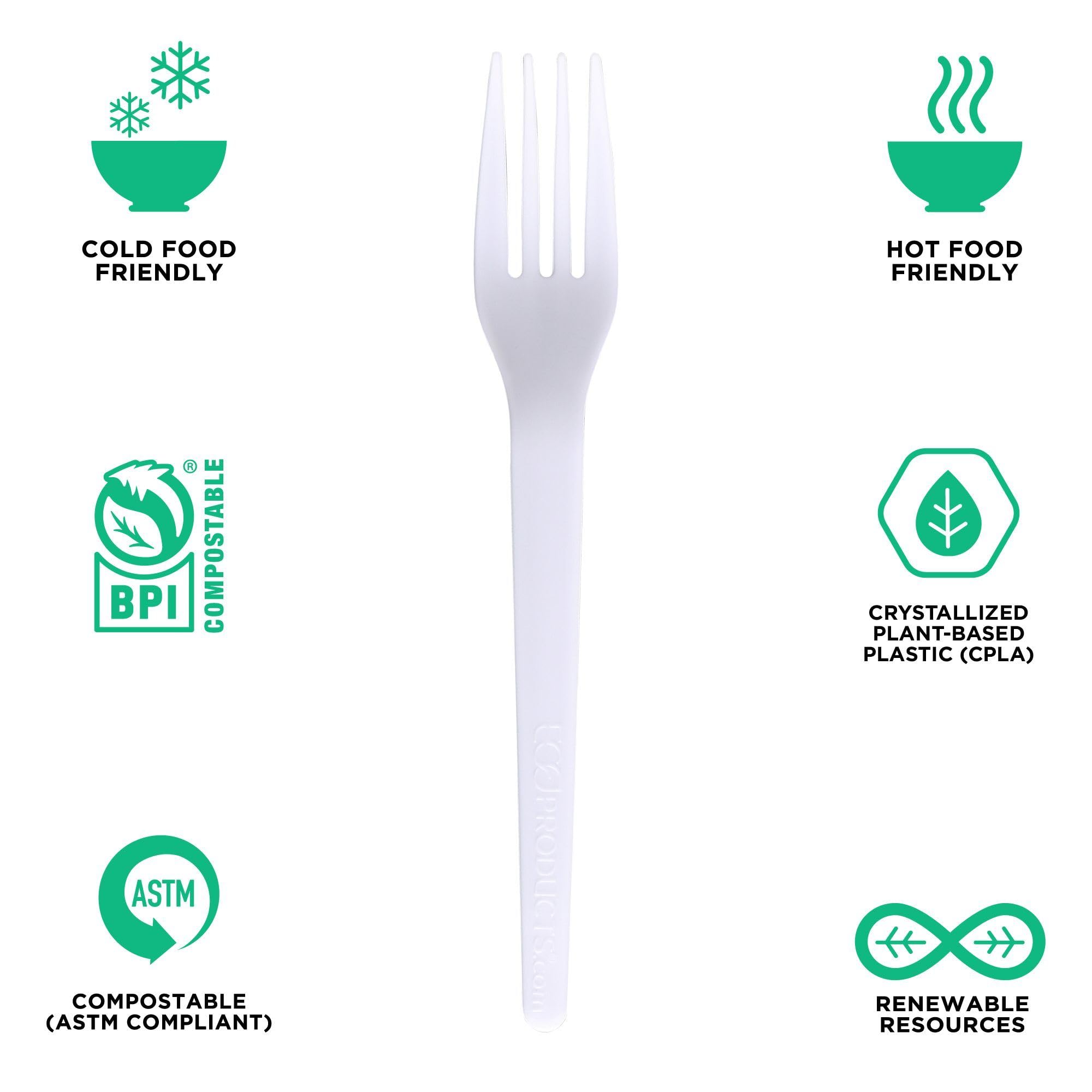 Eco-Friendly Compostable CPLA 7 Inch Disposable Dinner Forks - 1000 Count Case, Individually Wrapped, BPI-Certified Plant-Based Cutlery | Sturdy & Biodegradable White Forks for Parties, Picnics, Catering & Eco-Conscious Events