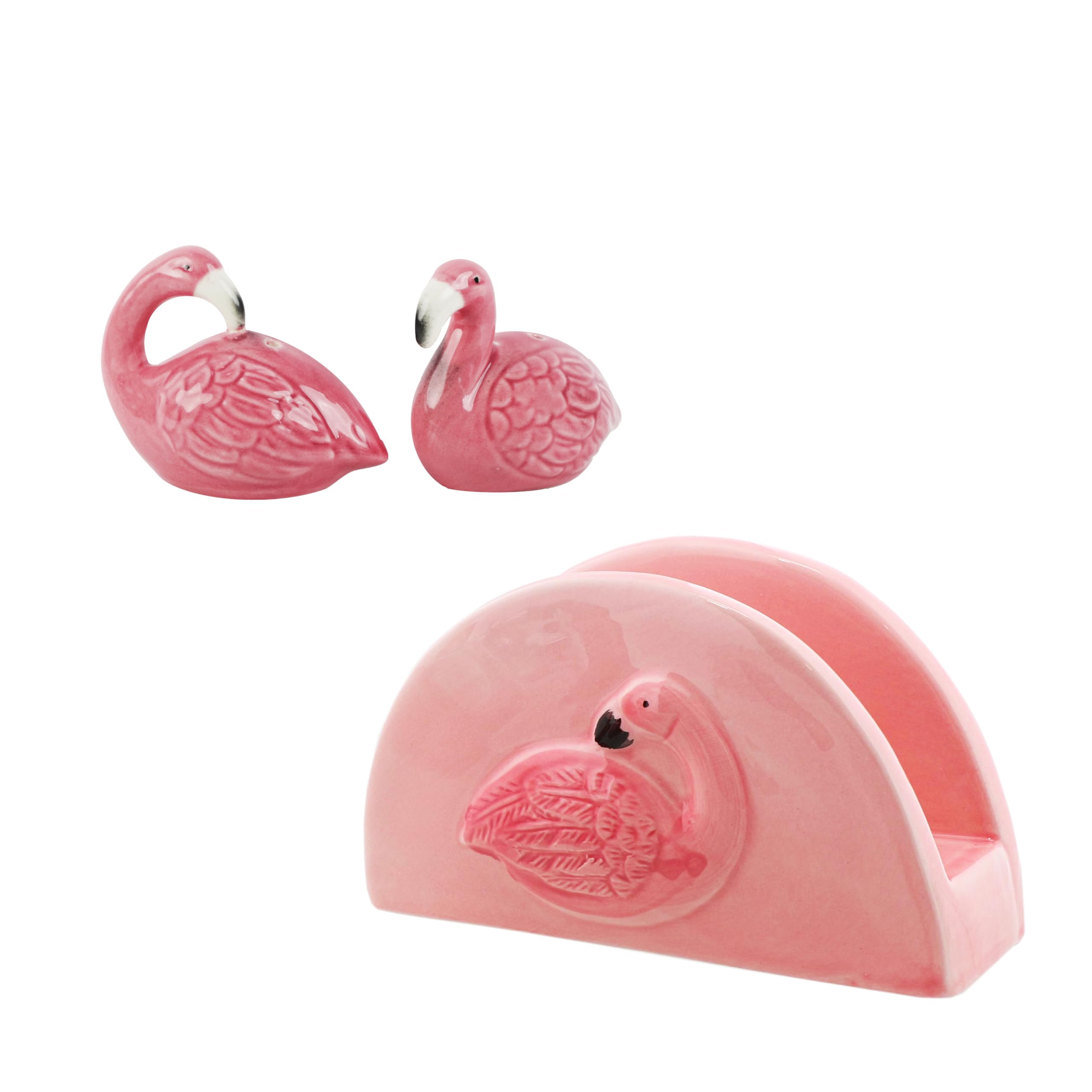 Pink Ceramic Flamingo Napkin Holder and Salt & Pepper Shakers Set - Tropical Kitchen & Dining Table Decor for Home, Party, and Outdoor Picnic