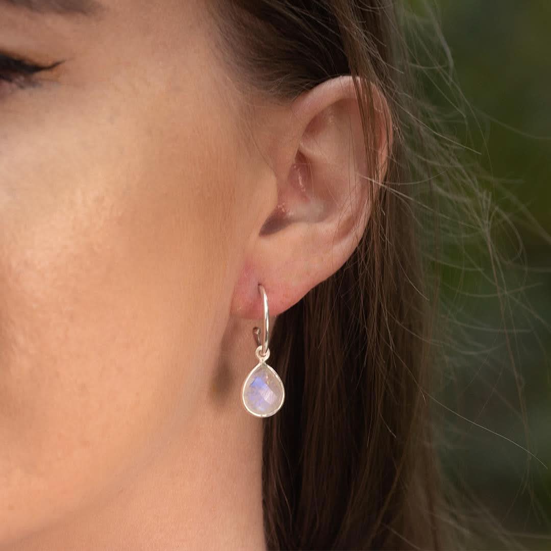 Moonstone Drop Hoop Earrings in Sterling Silver | June Birthstone Jewelry for Women | Perfect for Weddings, Parties & Everyday Wear