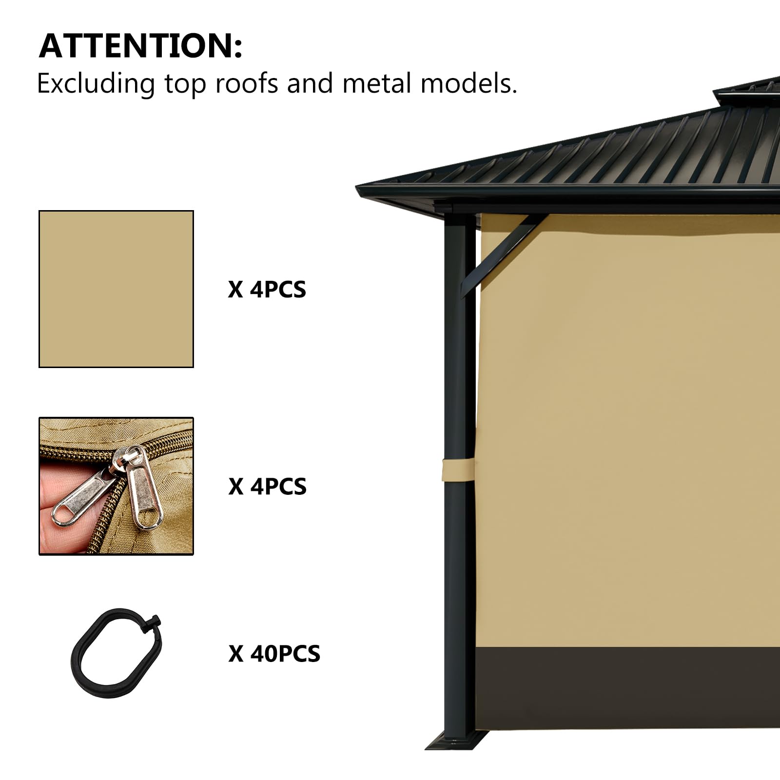 Aoodor 12x12 ft Gazebo Privacy Curtain Set - 4 Side Wall Panels for Outdoor Patio, Backyard, and Garden Protection