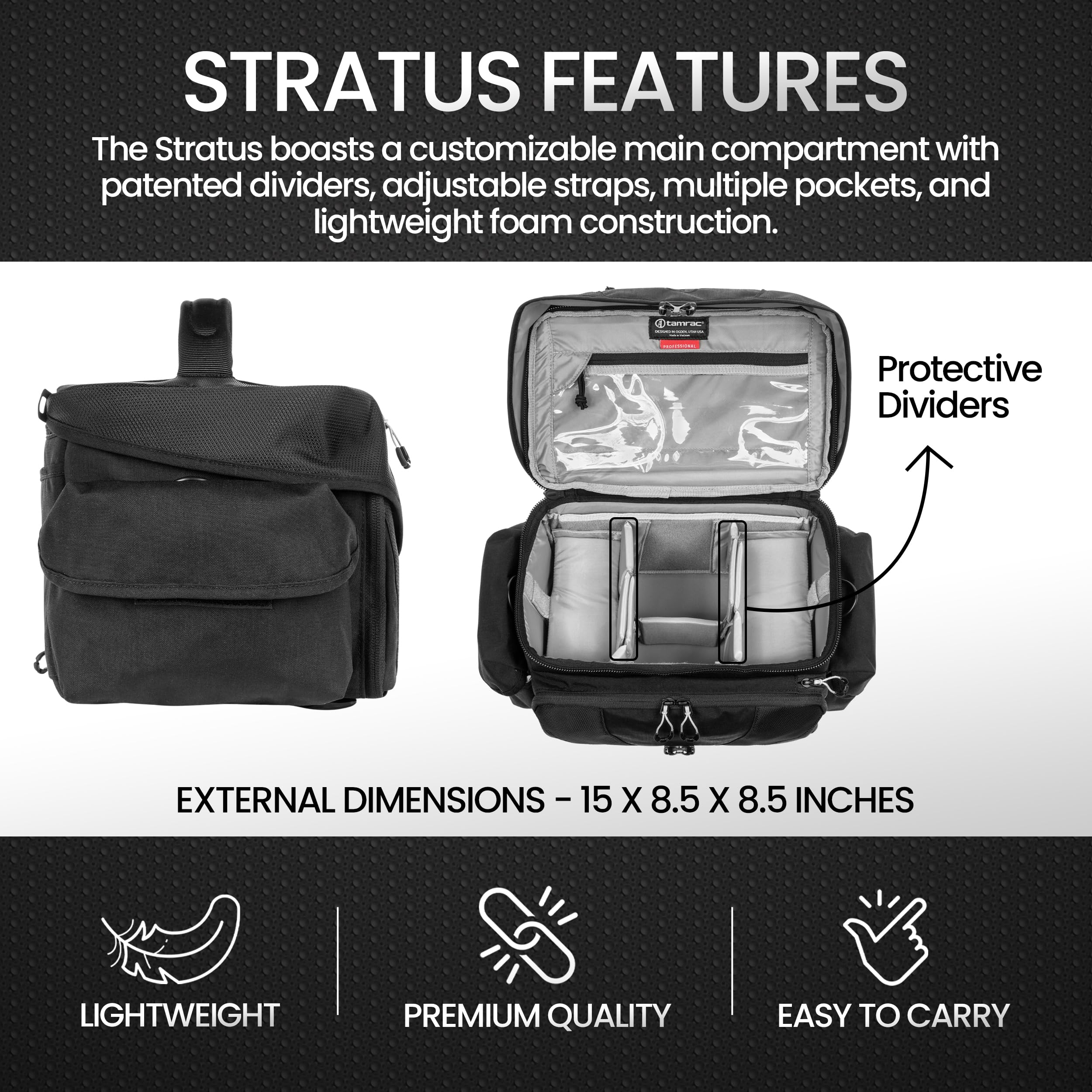 Tamrac Stratus 8 DSLR Mirrorless Camera Bag - Waterproof Shoulder Crossbody Bag with Tripod Holder & Padded Compartments for Photography Accessories (Black) | Perfect for Travel, Hiking & Outdoor Photography