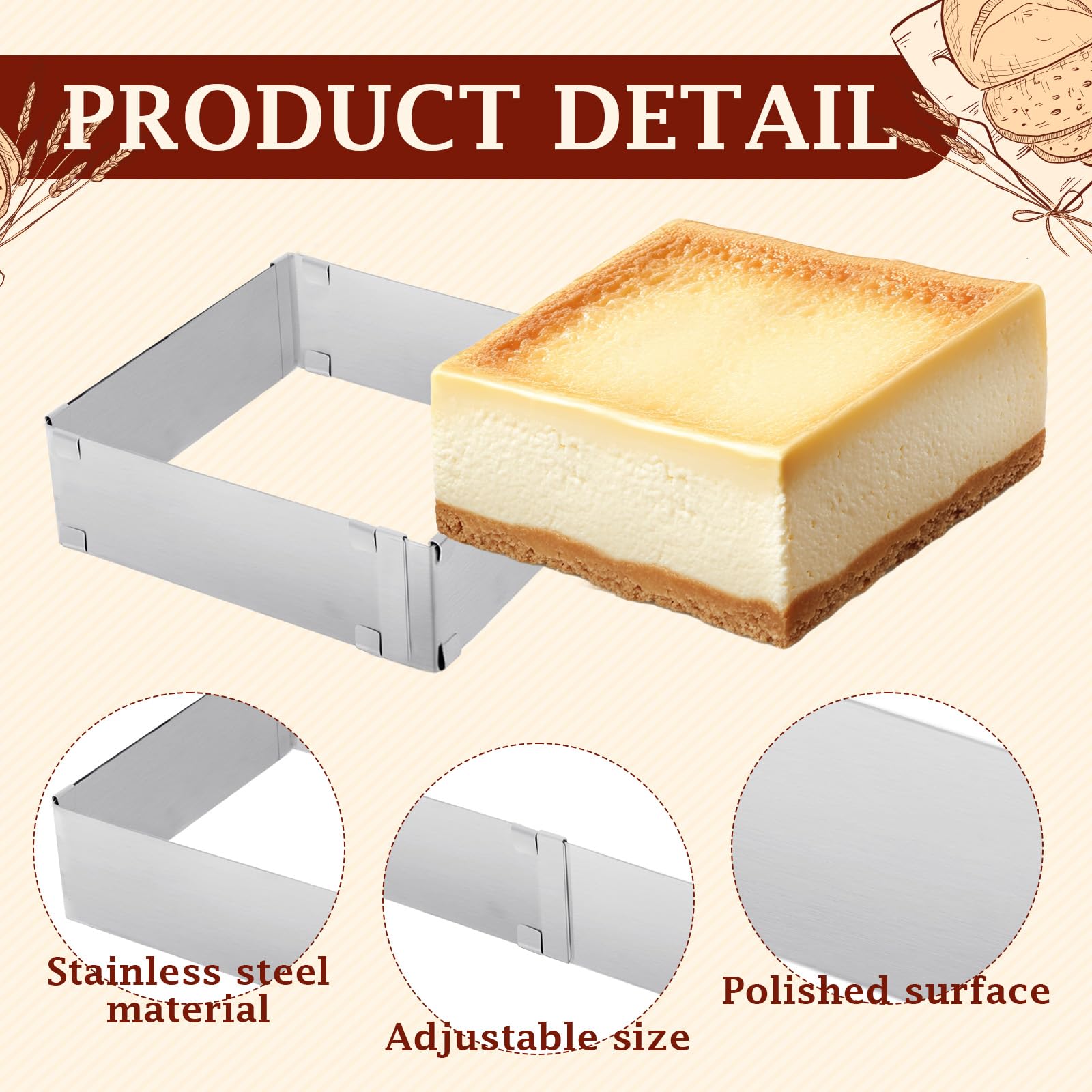 EORTA Adjustable Stainless Steel Cake Mold - Square Mousse Cake Ring (5.9