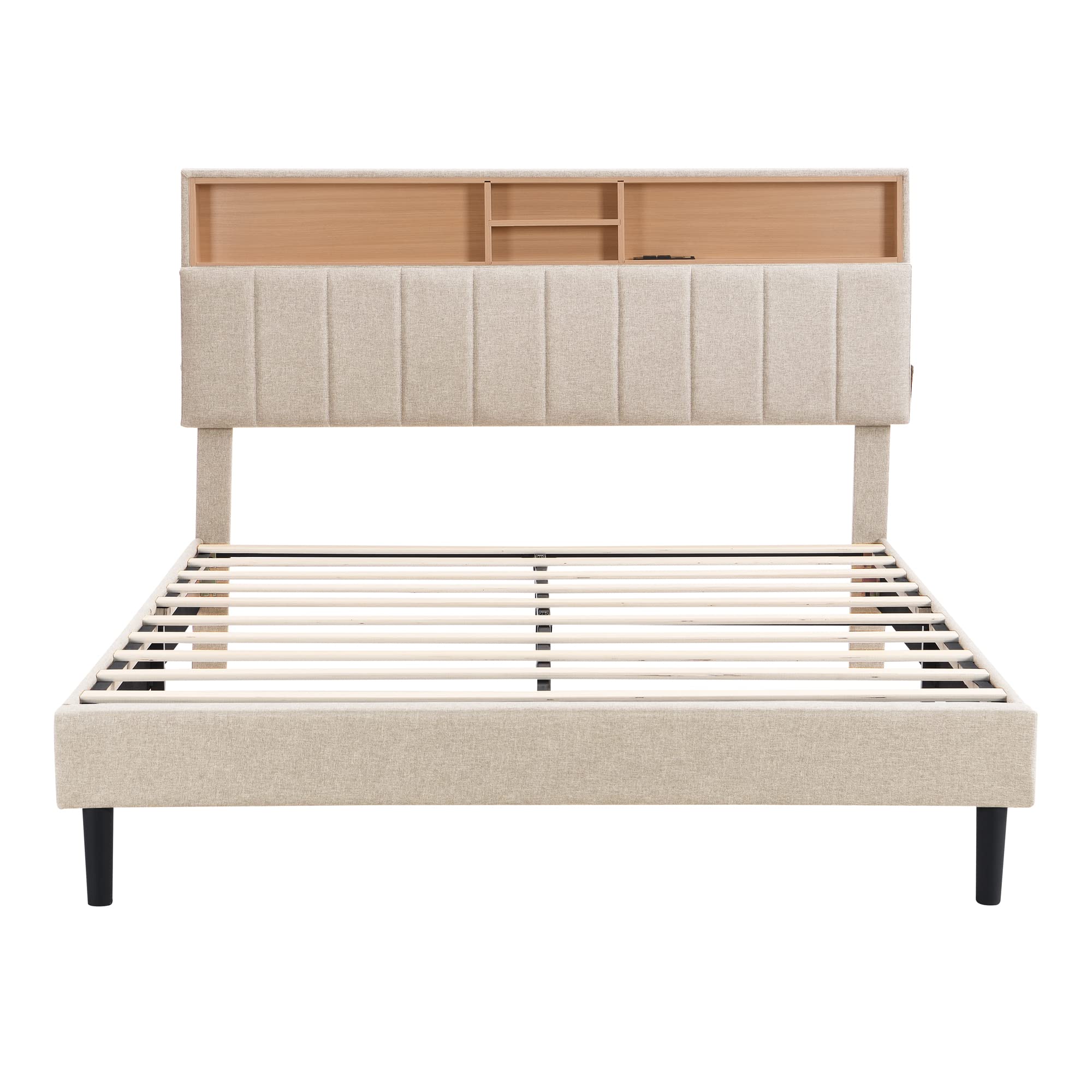 MERITLINE Queen Size Upholstered Platform Bed Frame with Storage Headboard & USB Ports - Linen Fabric Bedroom Furniture, No Box Spring Needed (Beige) | Perfect for Modern Bedrooms, Guest Rooms & Small Spaces