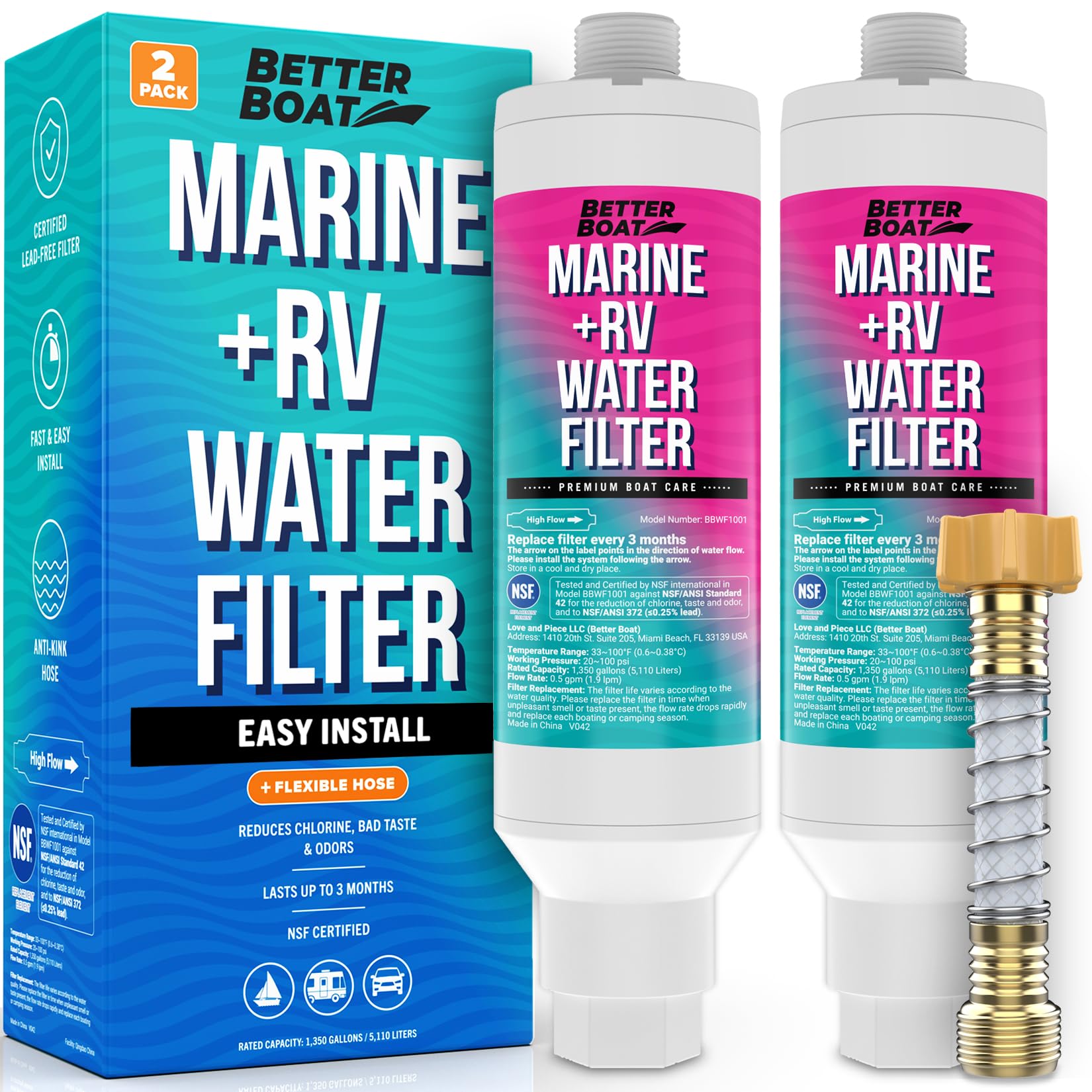 Better Boat 2 Pack RV Water Filter - NSF Certified Marine Grade Inline Water Filter for Hose, Camping, Garden & Outdoor Use with Flexible Protector - Perfect for RVs, Boats, Campers & Home Water Filtration