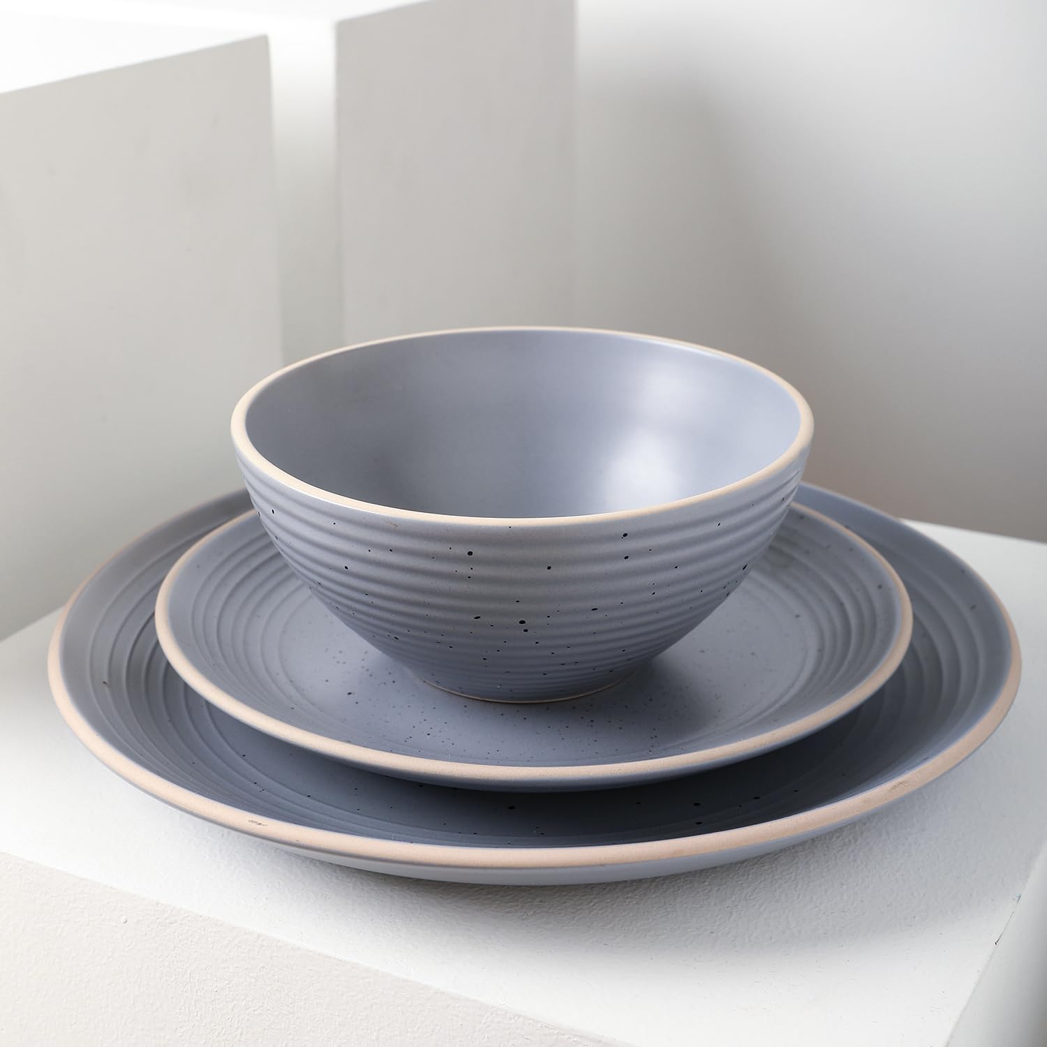 Lauren Modern Stoneware 32-Piece Round Dinnerware Set - 8-Person Plates & Bowls in Light Gray | Durable Stoneware Dishes for Everyday Dining & Entertaining