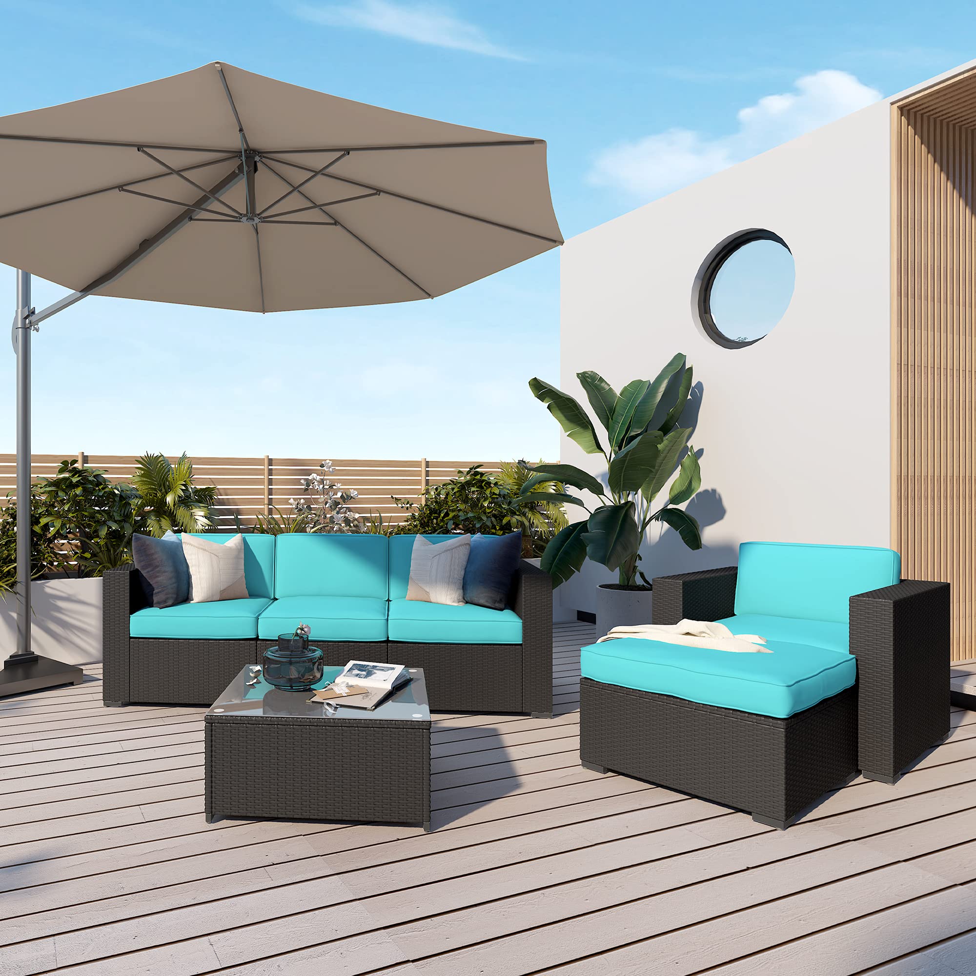 AcePRO Rio 6-Piece Patio Conversation Set - Outdoor Garden Sectional Sofa with Brown Wicker Frame & Beige Cushions - Perfect for Backyard, Poolside or Deck Relaxation (WIT200038)