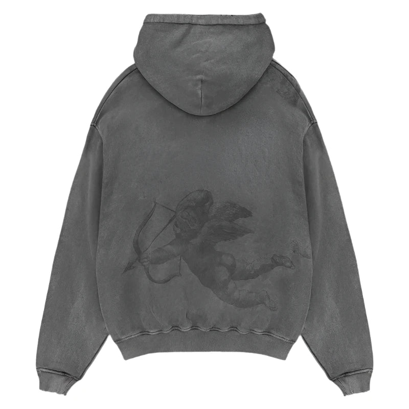 Vintage Grey Cherub All Over Print Hoodie - Soft Unisex Pullover Sweatshirt for Casual Wear, Street Style & Loungewear