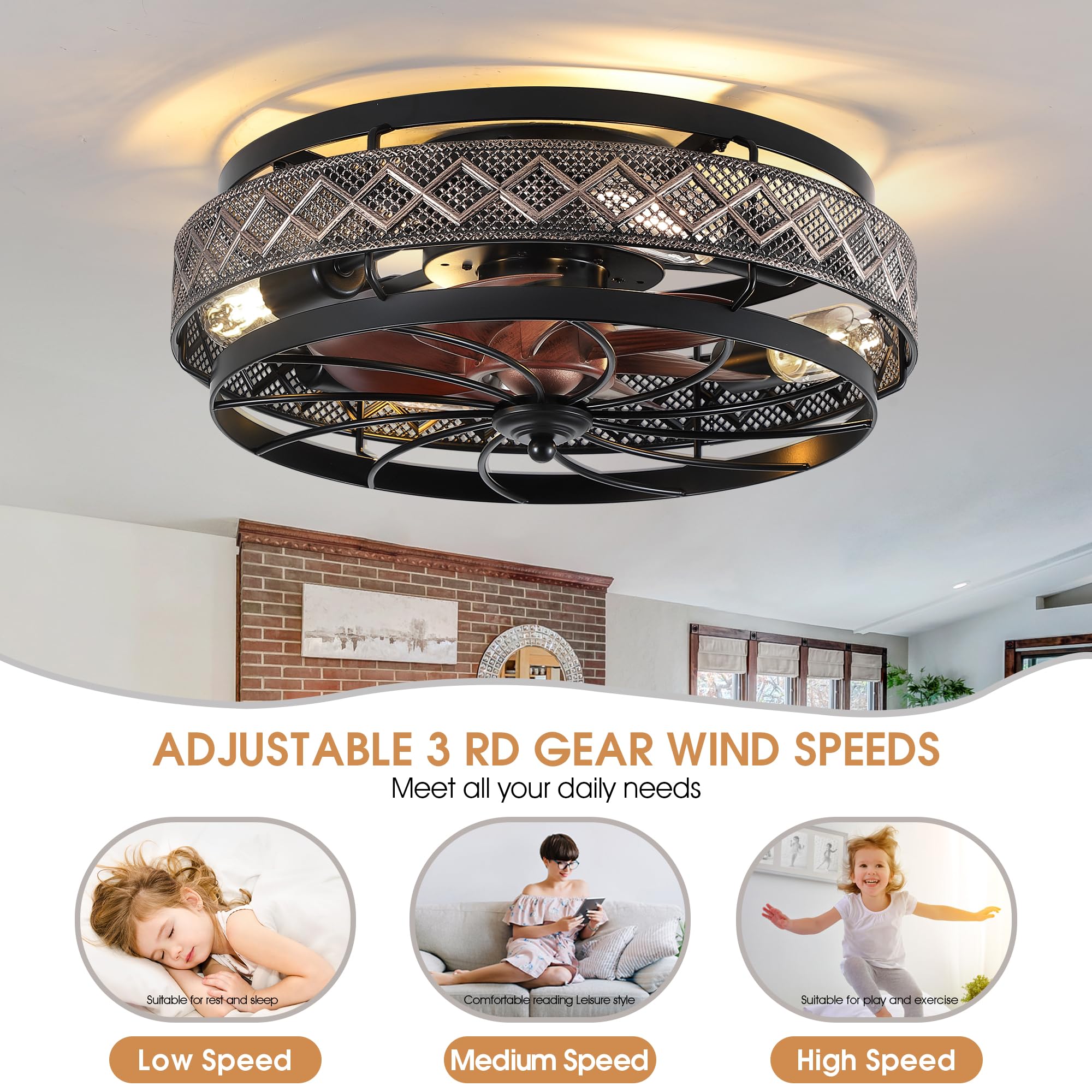 Low Profile Caged Ceiling Fan with Light and Remote Control - Flush Mount Industrial Black Ceiling Fan for Bedroom, Living Room, Office - Small Modern Ceiling Light Fixture with Reversible Blades (Bulbs Not Included) - Perfect for Small Spaces and Low Ceilings