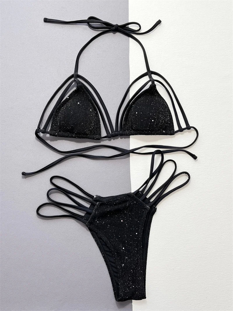 Sexy Black Halter Bikini Set 2025 - Push Up High Waist Swimsuit for Women, Bandage Bikini with Drawstring | Perfect for Beach Vacation, Pool Party & Summer Getaways