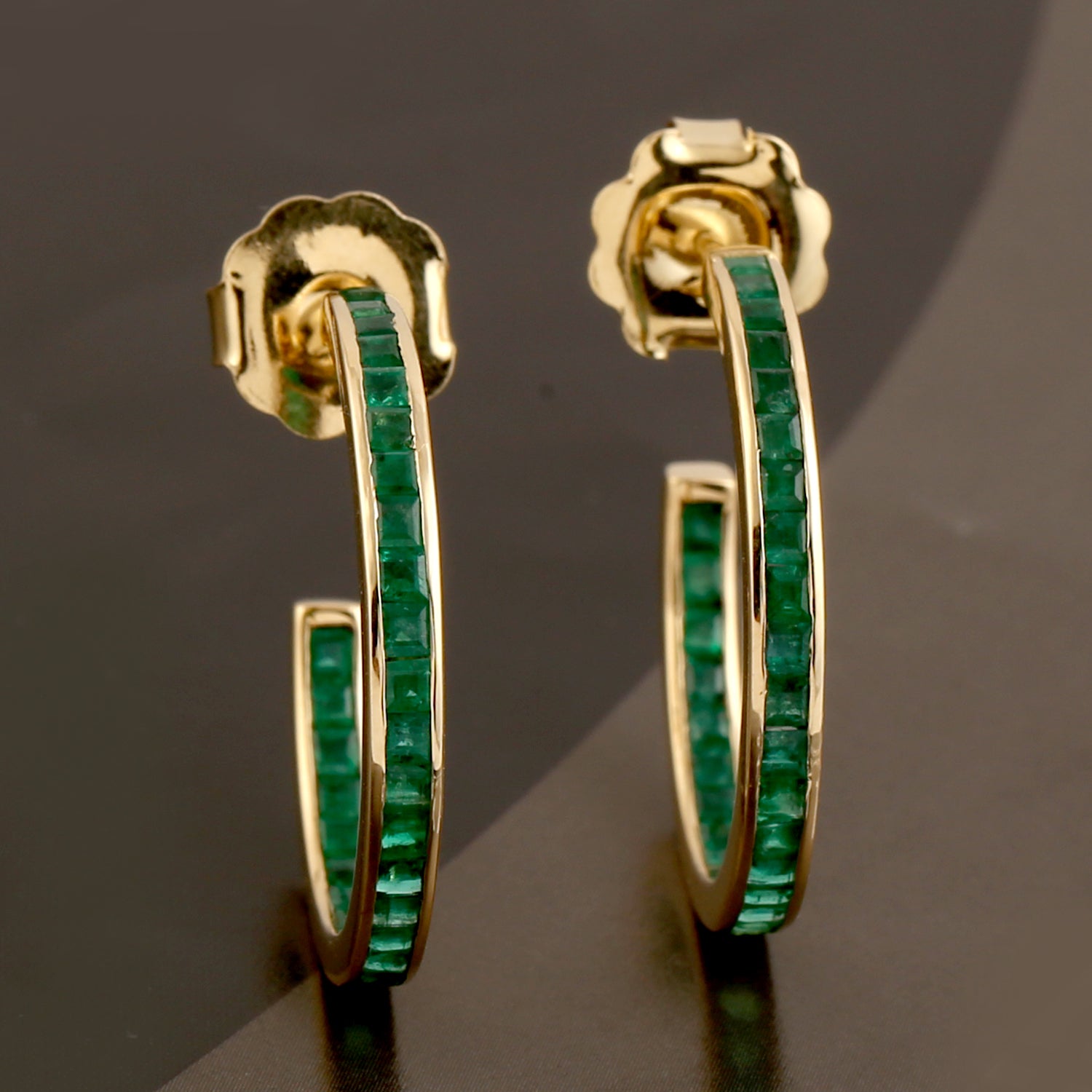 18K Yellow Gold Channel Set Natural Emerald C Hoop Earrings - Elegant Fashion Jewelry for Women, Perfect for Weddings, Parties & Special Occasions