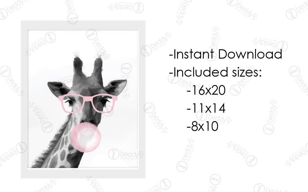 Bubblegum Giraffe Digital Art Print Download - Whimsical Animal Wall Decor for Kids Room, Nursery & Playroom