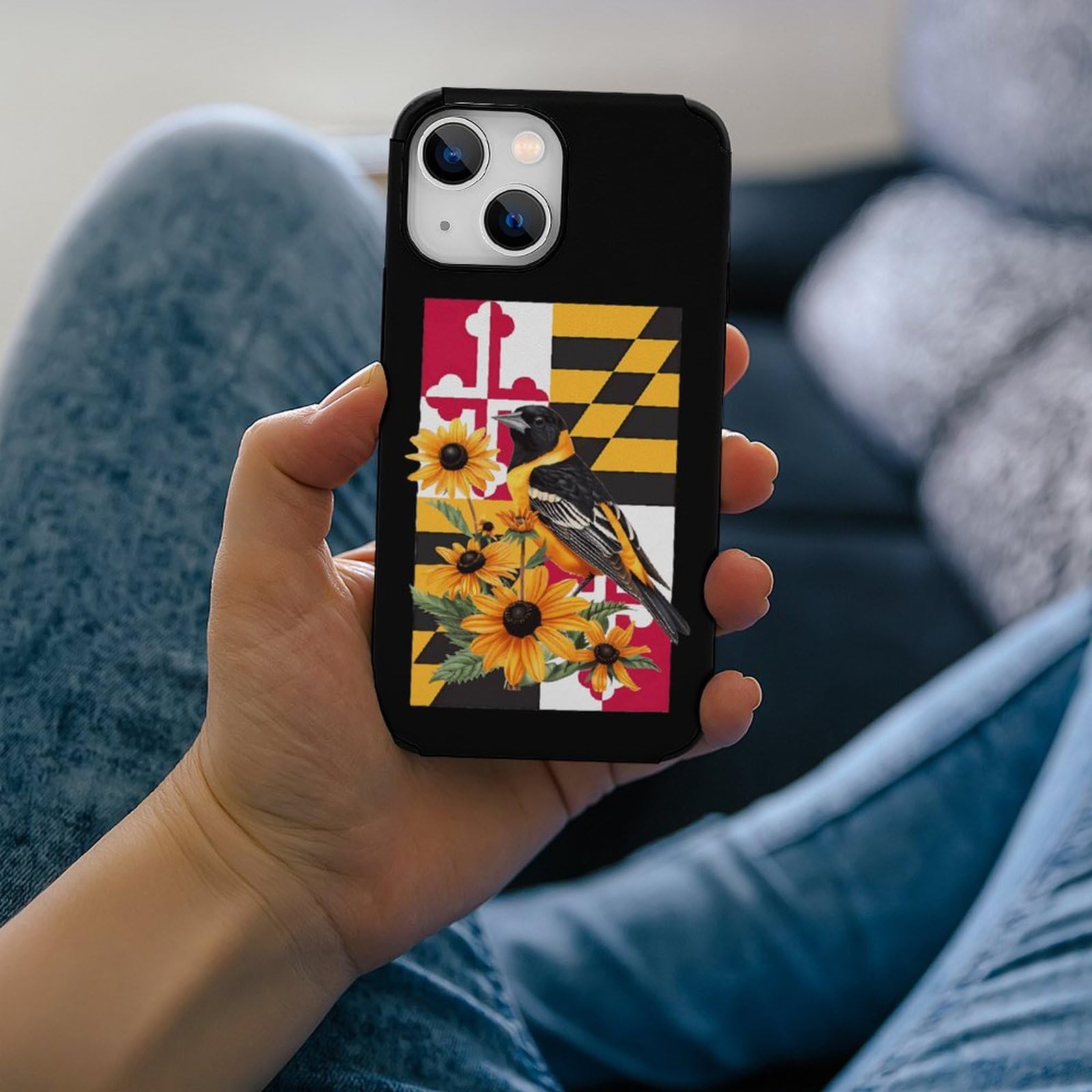 Maryland State Flag iPhone 13 Case - Baltimore Oriole Bird & Black-Eyed Susan Flower Design | Carbon Fiber Shockproof Protective Cover for iPhone 13 Mini/13/13 Pro/13 Pro Max | Perfect for Outdoor Activities & Travel