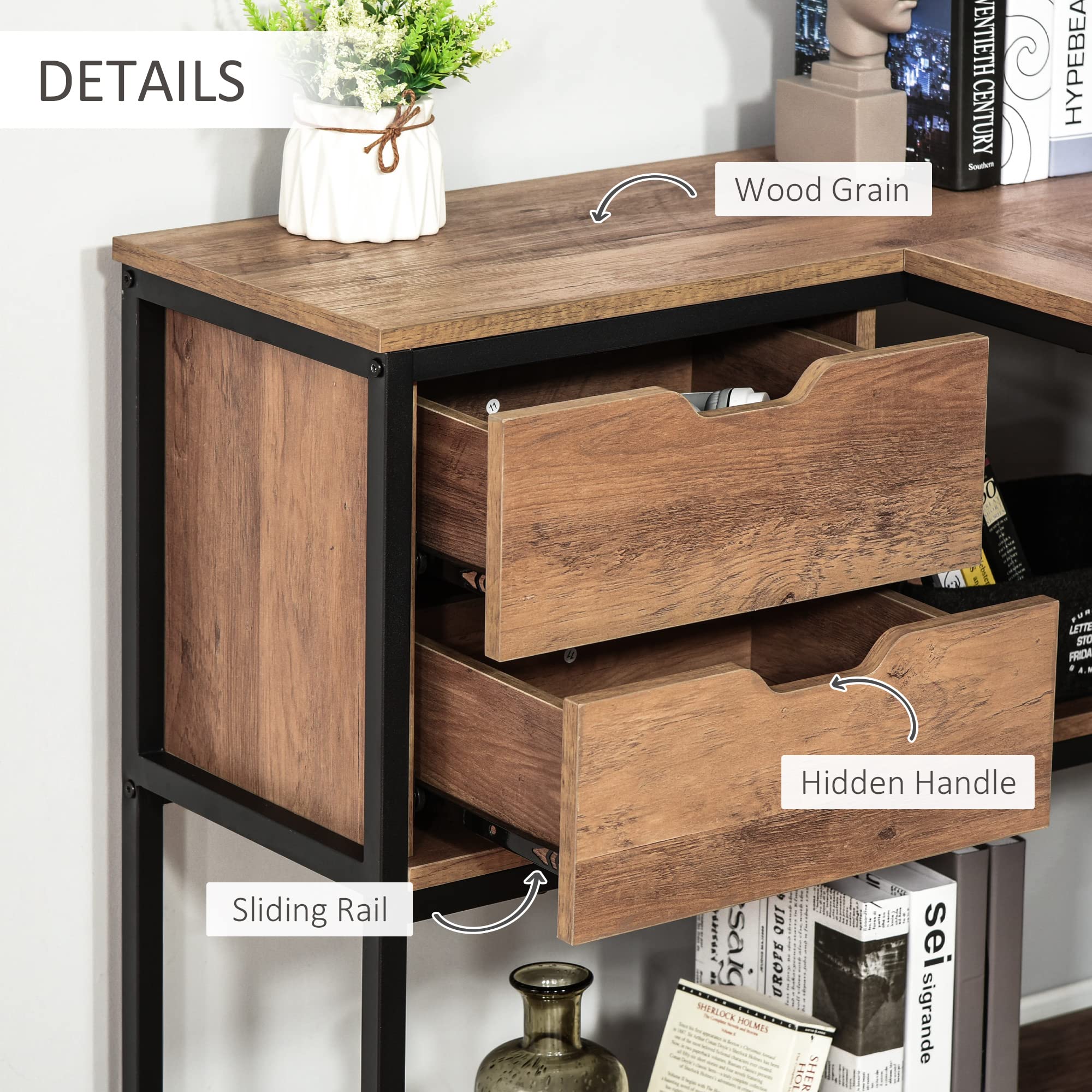 HOMCOM L-Shaped Home Office Computer Desk with Storage Shelves, 2 Drawers & Industrial Steel Frame - Black/Brown - Perfect for Small Spaces, Gaming & Workstation Setup