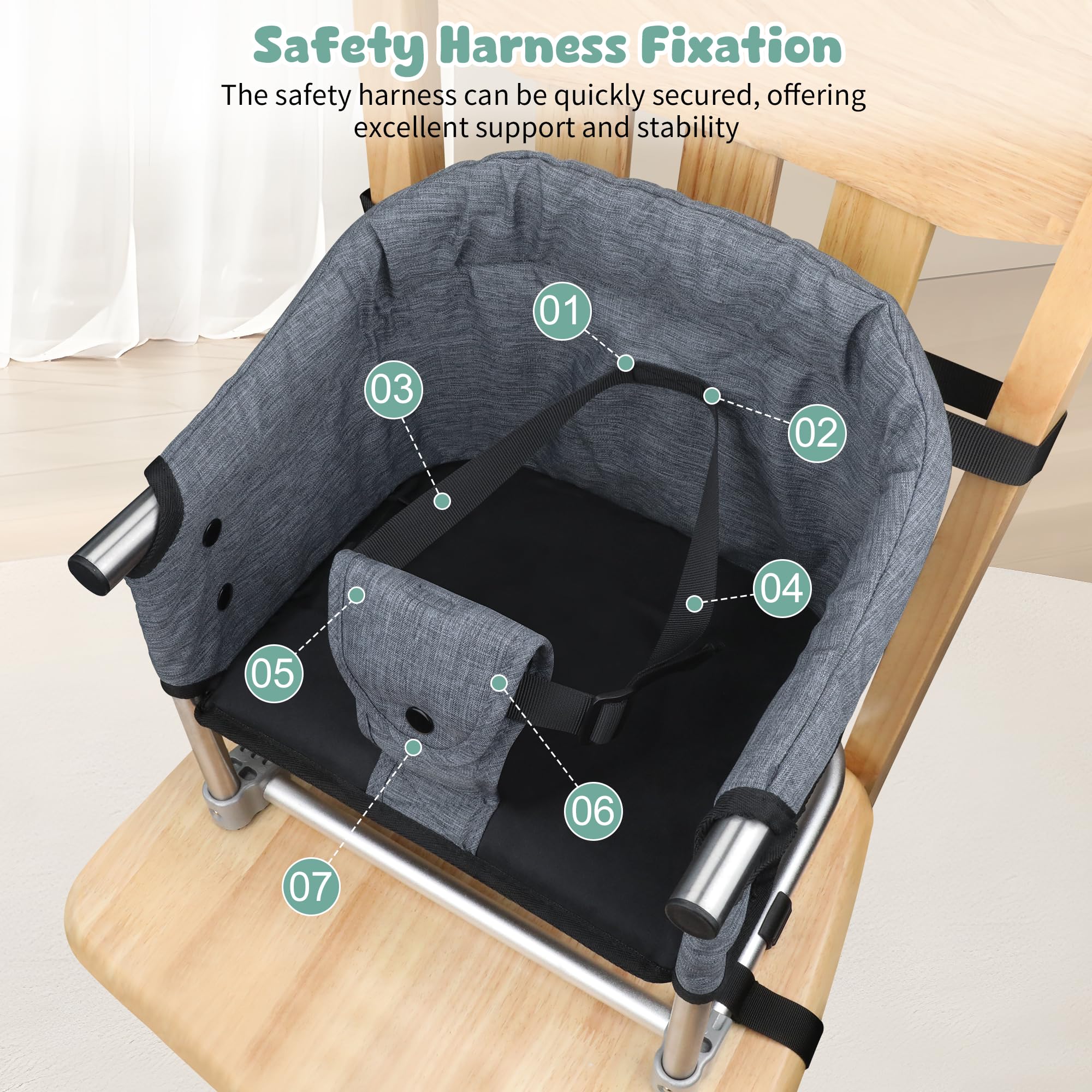 Portable Toddler Booster Seat for Dining Table - Adjustable Height Baby High Chair with Safety Belt, Foldable Kids Feeding Chair for Home Kitchen & Travel - Grey - Perfect for Family Meals, Restaurant Dining and Road Trips