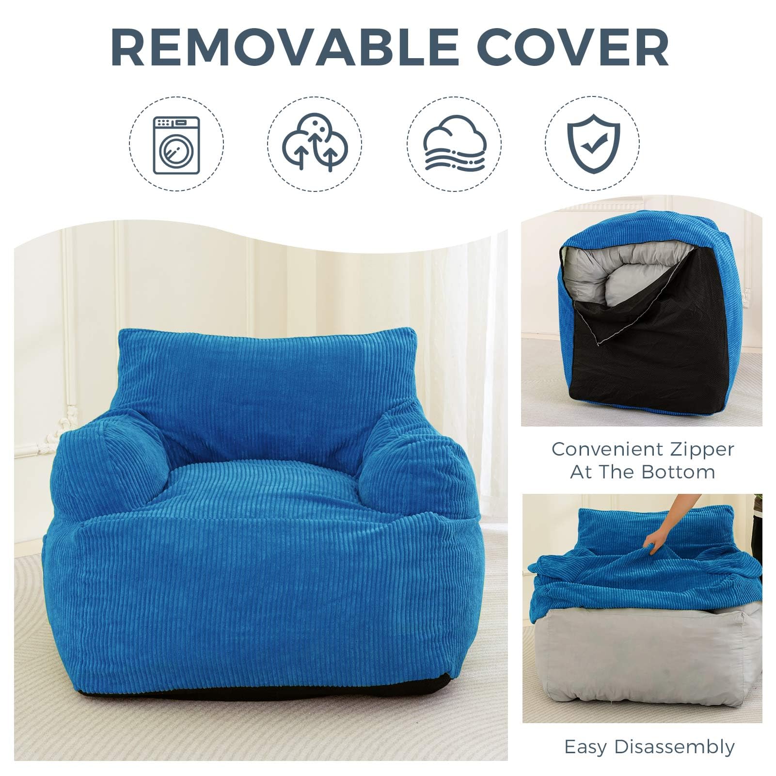 MAXYOYO Giant Bean Bag Chair with Armrests - Oversized Stuffed Bean Bag Couch for Living Room, Bedroom & Game Room - Soft Blue Lounge Chair for Teens & Adults - Perfect for Relaxing, Reading & Movie Nights