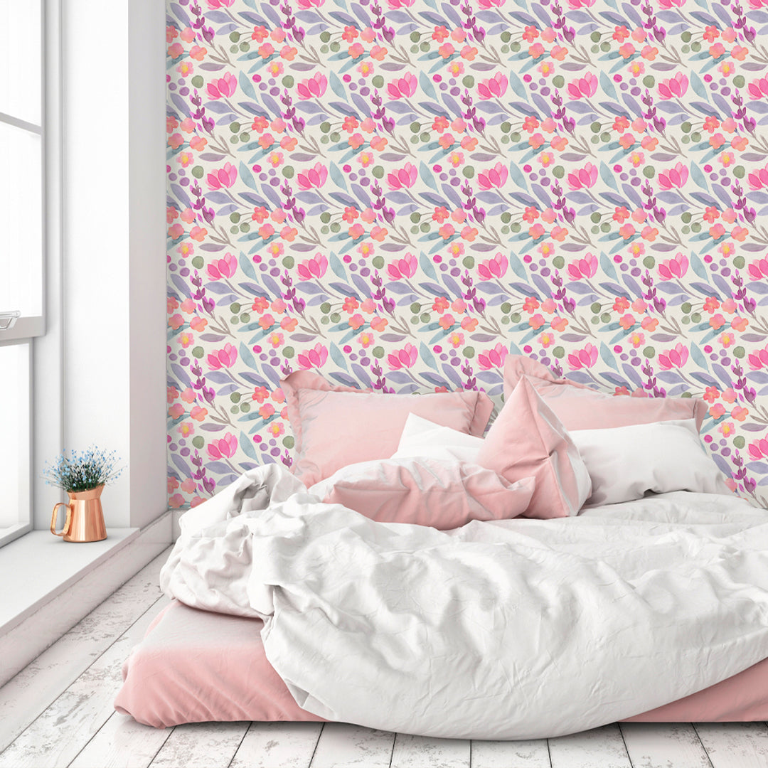 Pink and Purple Floral Wallpaper CC226 - Peel and Stick Removable Wallpaper for Bedroom, Living Room, and Nursery Decor