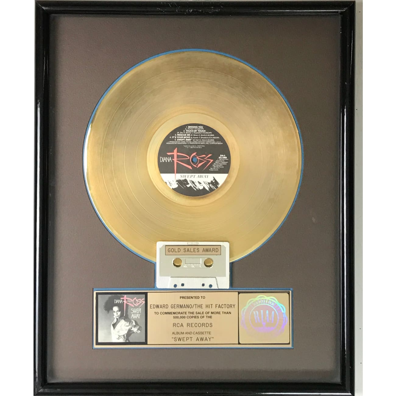 Diana Ross Swept Away RIAA Gold Album Award - Vintage Music Collectible for Fans & Display