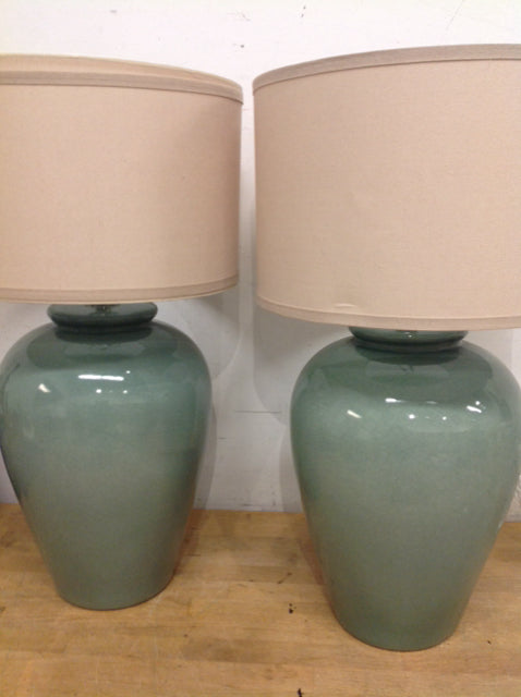 29 Pair of Green Crackle Ceramic Table Lamps - Vintage Style Bedside Lighting for Living Room, Bedroom & Office Decor