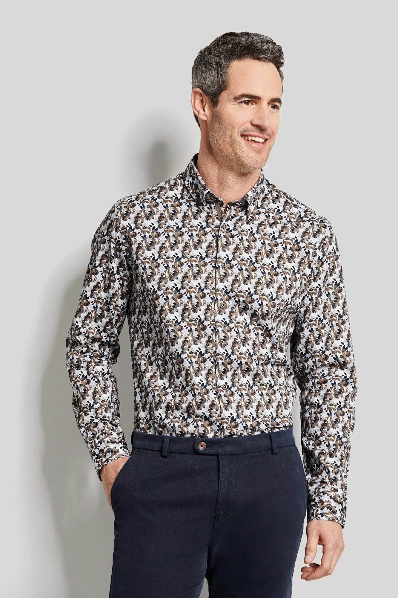 BUGATTI Men's Printed Long Sleeve Casual Shirt - Charcoal/Yellow/Multi Color - Stylish Button Down Shirt for Office, Party & Outdoor Wear