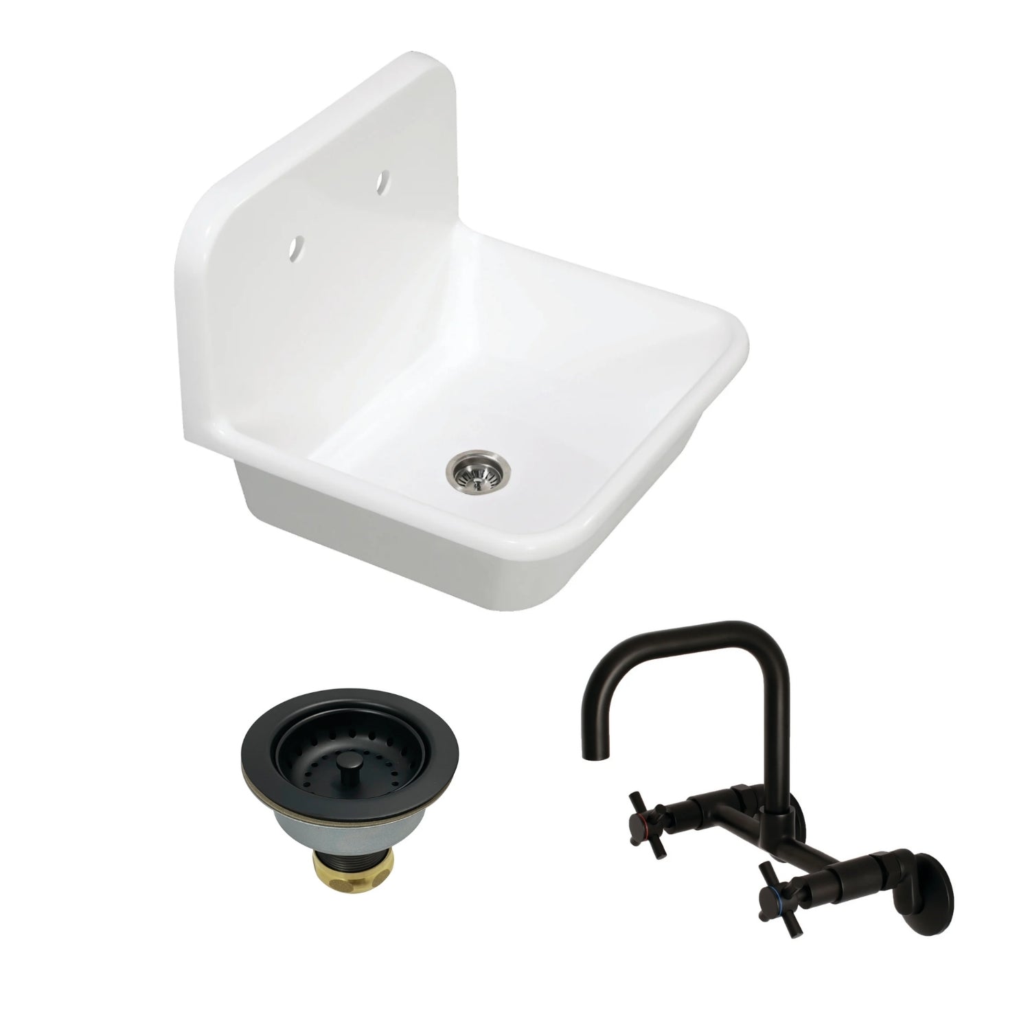 Arcticstone 24 Inch White Top Mount Single Bowl Kitchen Sink with Matte Black Wall Mount Bridge Faucet & Basket Strainer - Perfect for Modern Farmhouse, RV, and Apartment Kitchens